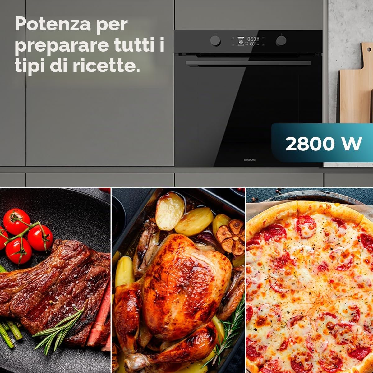 Cecotec Forno da Incasso Multifunzione Pirolitico Bolero Hexa P526000 Glass Black A. 2800W, 73L, 9 funzioni: Defrost, Convenzionale, Grill, Pirolisi. Display Touch, Cooling Fan, Porta Vetro, Classe A