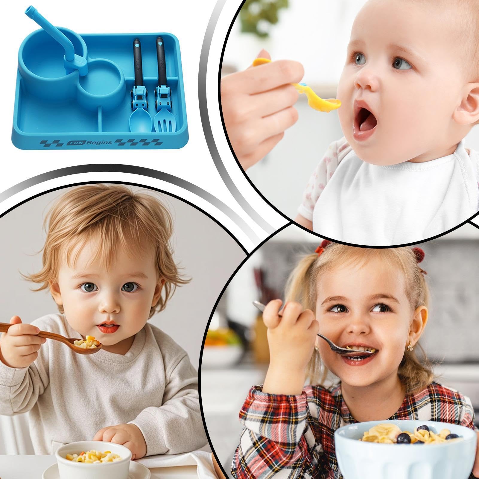 Ensemble d'ustensiles de repas Silicone Portable Autonome Set Table Enfant | Assiettes Compartimentées Couverts Pour Maison École Anniversaire Garçons Filles