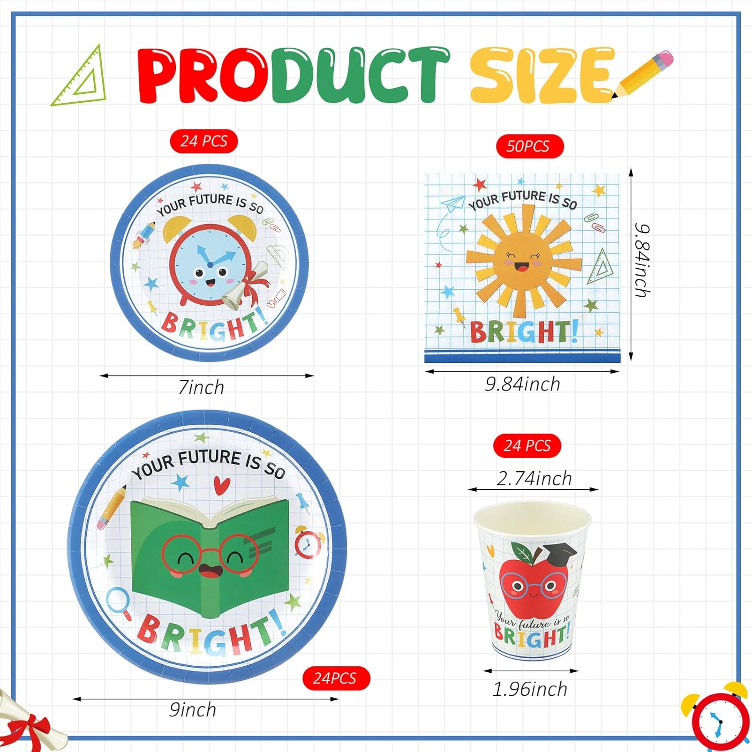 Qinyoung 122 Pcs Kindergarten Graduation Plates and Napkins Set for 24 Guest Paper Dessert Plates Cups and Napkin Bright Future Disposable Tableware for Preschool Kindergarten Party Table Decorations