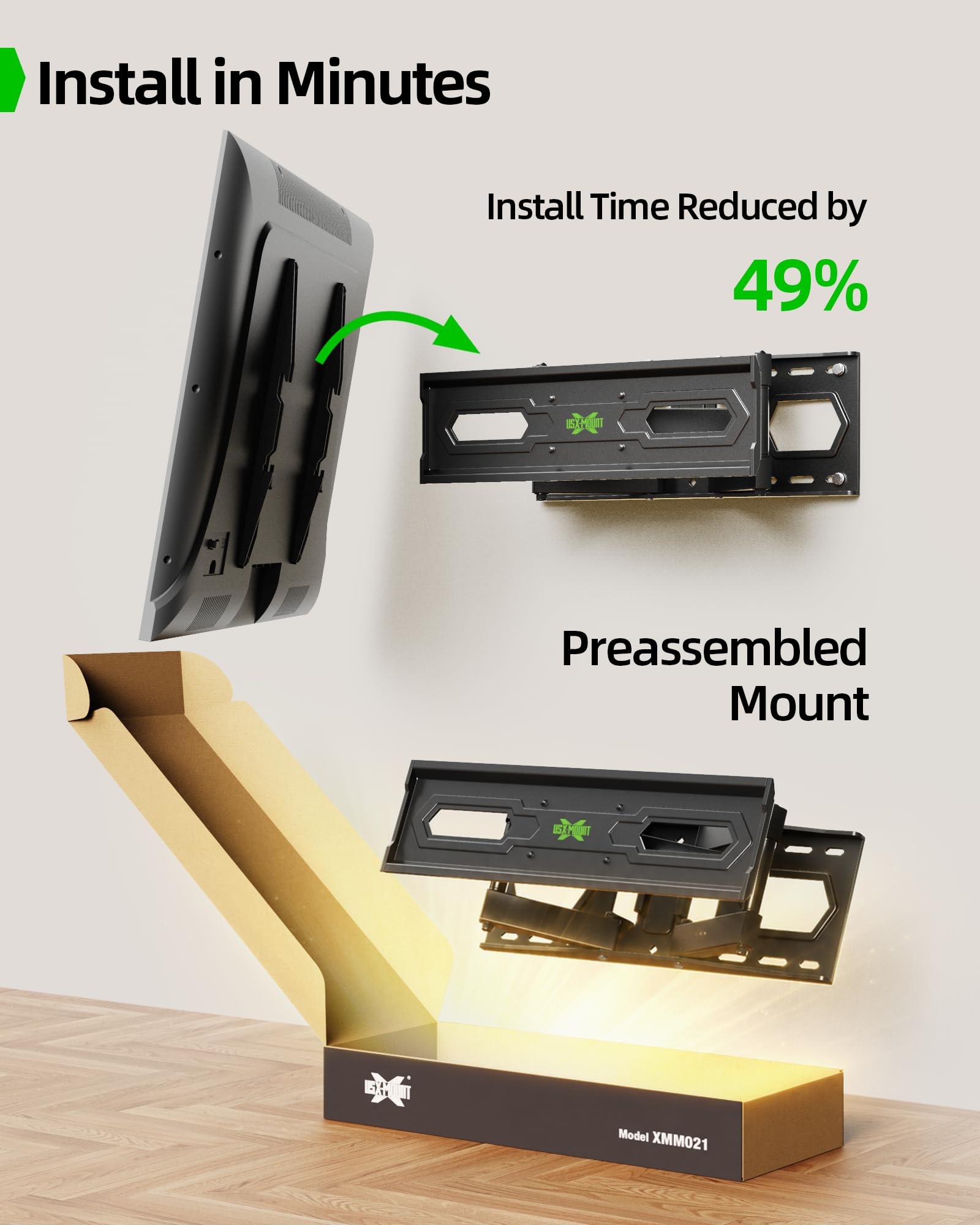 USX MOUNT TV Wall Mount for 32-74 inch Flat Screen/LED/4K up to 110lbs, Full Motion TV Mount Bracket with Swivel & Tilt Articulating Dual Arms, Max VESA 400x400mm, Fits 12/16" Wood Studs — Amazon image 3