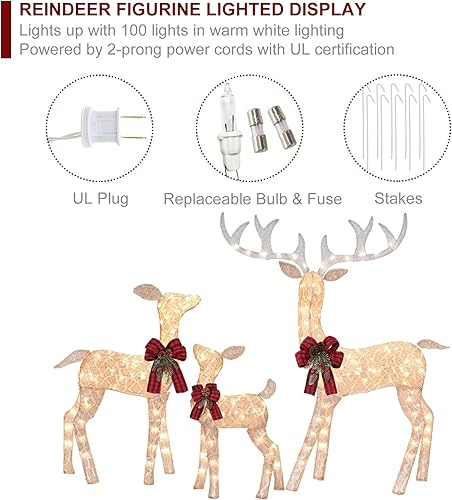 Miniatura 6 de Juego familiar de 3 piezas de decoración navideña de reno iluminado de 60 pulgadas, Buck 39 pulgadas, ciervo de 27 pulgadas, decoración navideña