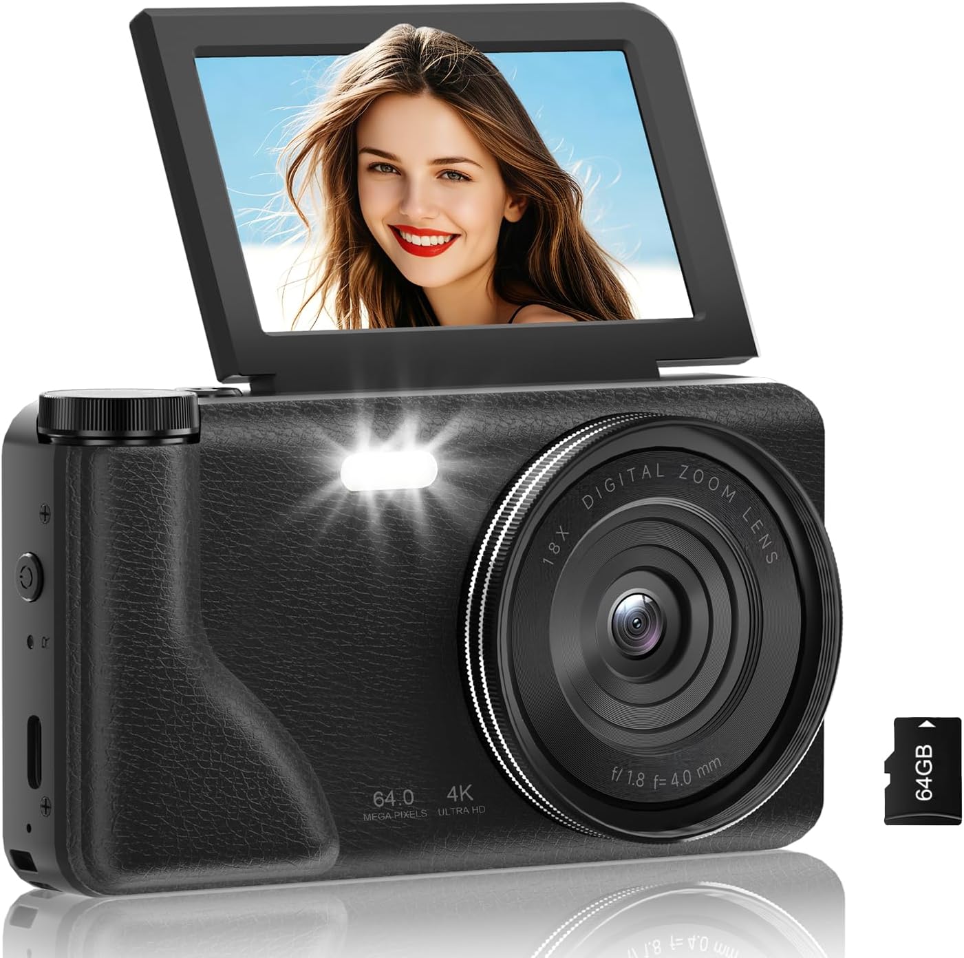 4K 64MP Digital Camera with 3" 180° Flip Screen, 2026 Latest Autofocus Vlogging Photography Camera for YouTube, 18X Digital Zoom Compact Travel Cameras with 64GB SD Card for Beginner (Black)