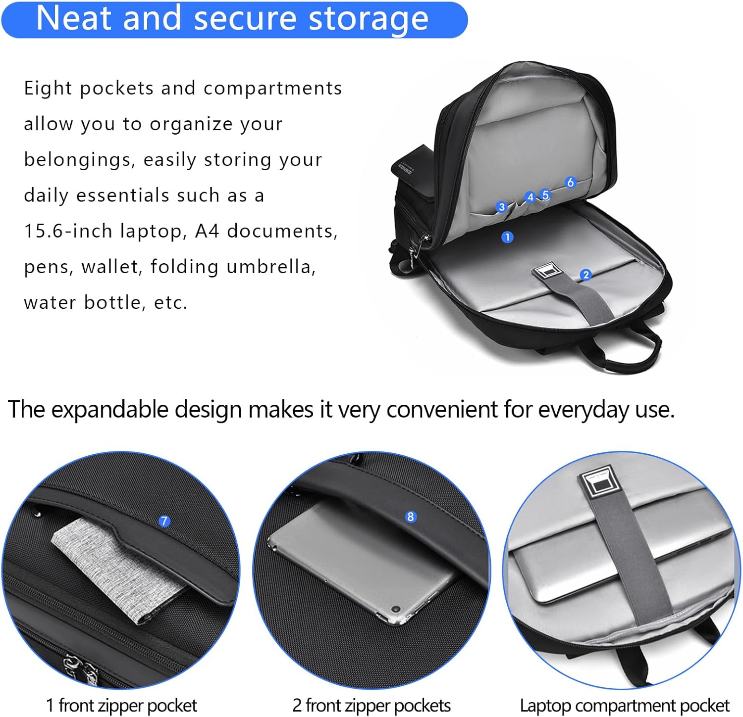 Travel Laptop Backpack for Men Business Backpack Expandable Fits 15.6-inch Laptop Waterproof Durable Computer Backpack for Business Travel Work Office College Daily Use
