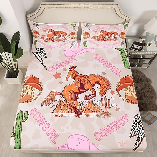 Miniatura 2 de Juego de sábanas de vaquero occidental, tamaño individual, para niños, con sombrero de vaquera, botas y estrellas, cactus, decoración de habitación,