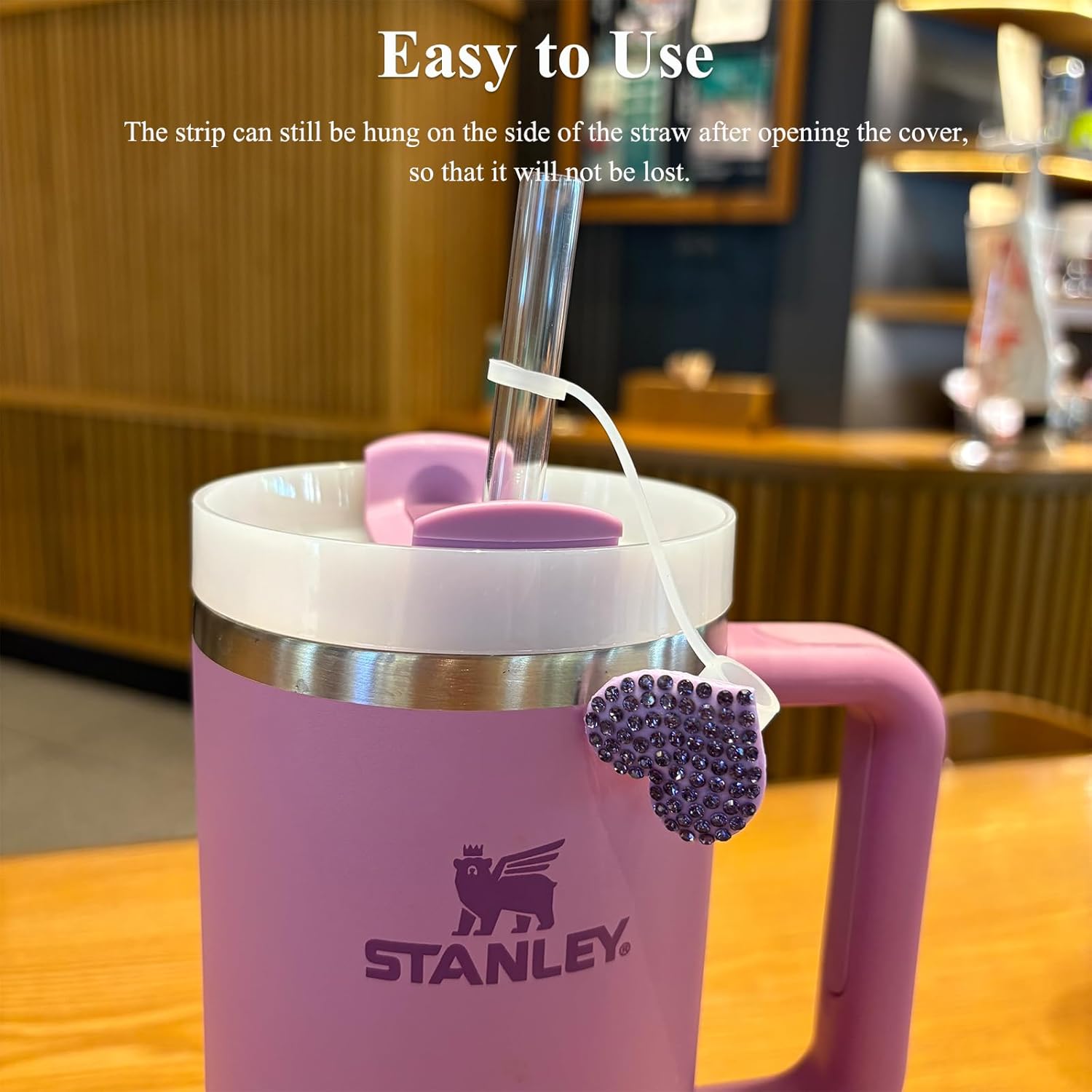 Bling Heart Straw Covers for Stanley Cup - 4Pack Rhinestone Diamond Valentines Day Straw Toppers, Sparkle Stanley Cup Accessories, Glitter Silver Pink Black Purple Valentines Basket Stuffers - Image 5
