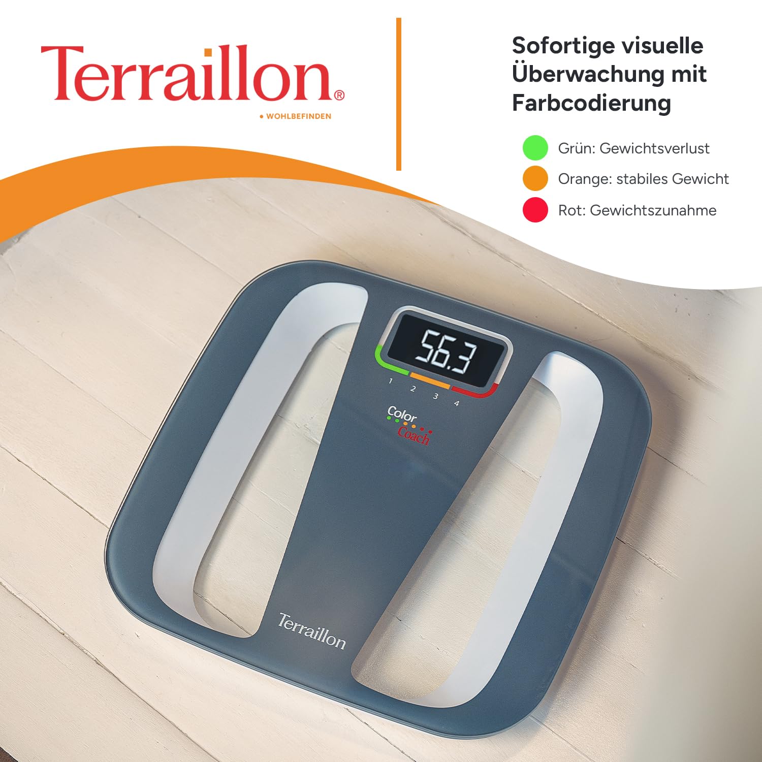 Terraillon Elektronische Personenwaage, 4 Speicherplätze, Farbige Einteilung der Gewichtsveränderungen, Automatisches Ein- und Ausschalten, 160kg, Color Coach Quattro, Grau/Weiß