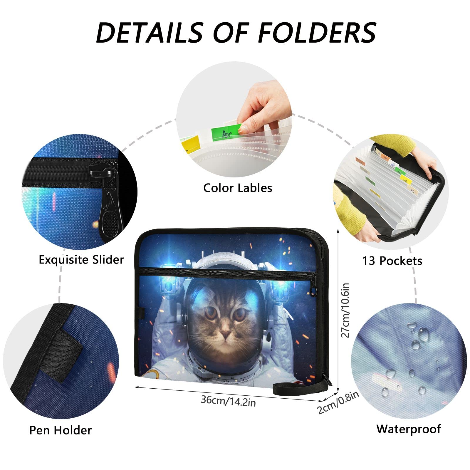 Cute Cats Expanding File Folder - 13 Pockets, Zipper Closure, With Sticky Labels, Document Organizer