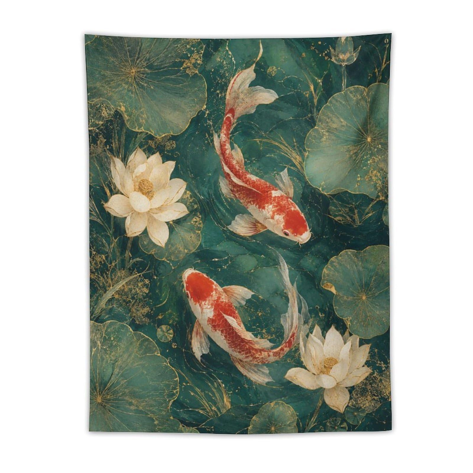 H3B8U2Y5 Koi Fish Lotus Wall Tapestry, Watercolor, College Dorm