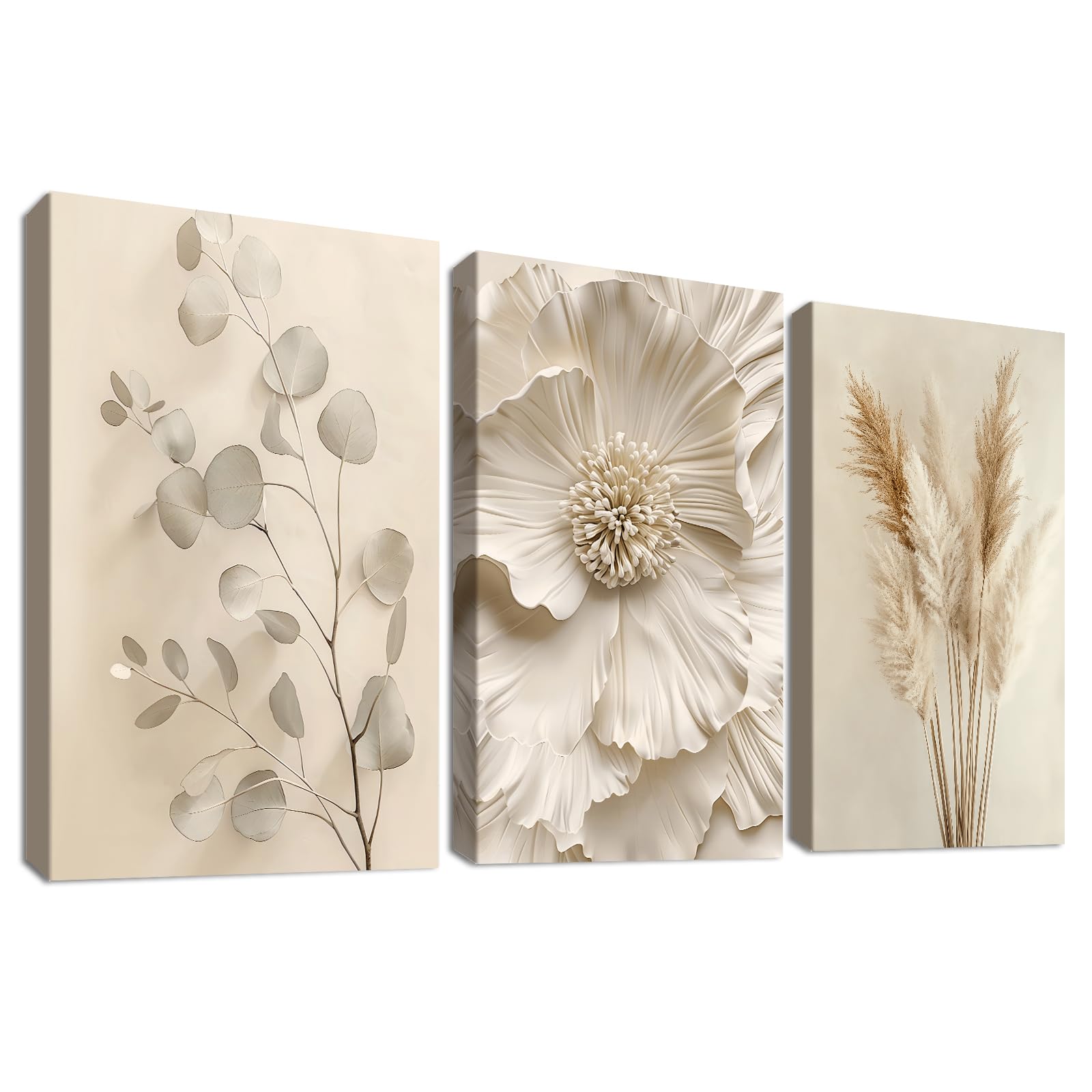 3 Pcs Wooden Framed Canvas Wall Art Beige Flower Pampas Grass Canvas Prints Cream Eucalyptus Leaf Painting Minimalist Floral Pictures for Living Room Bedroom Bathroom Wall Decor 40x60 cm x3pcs