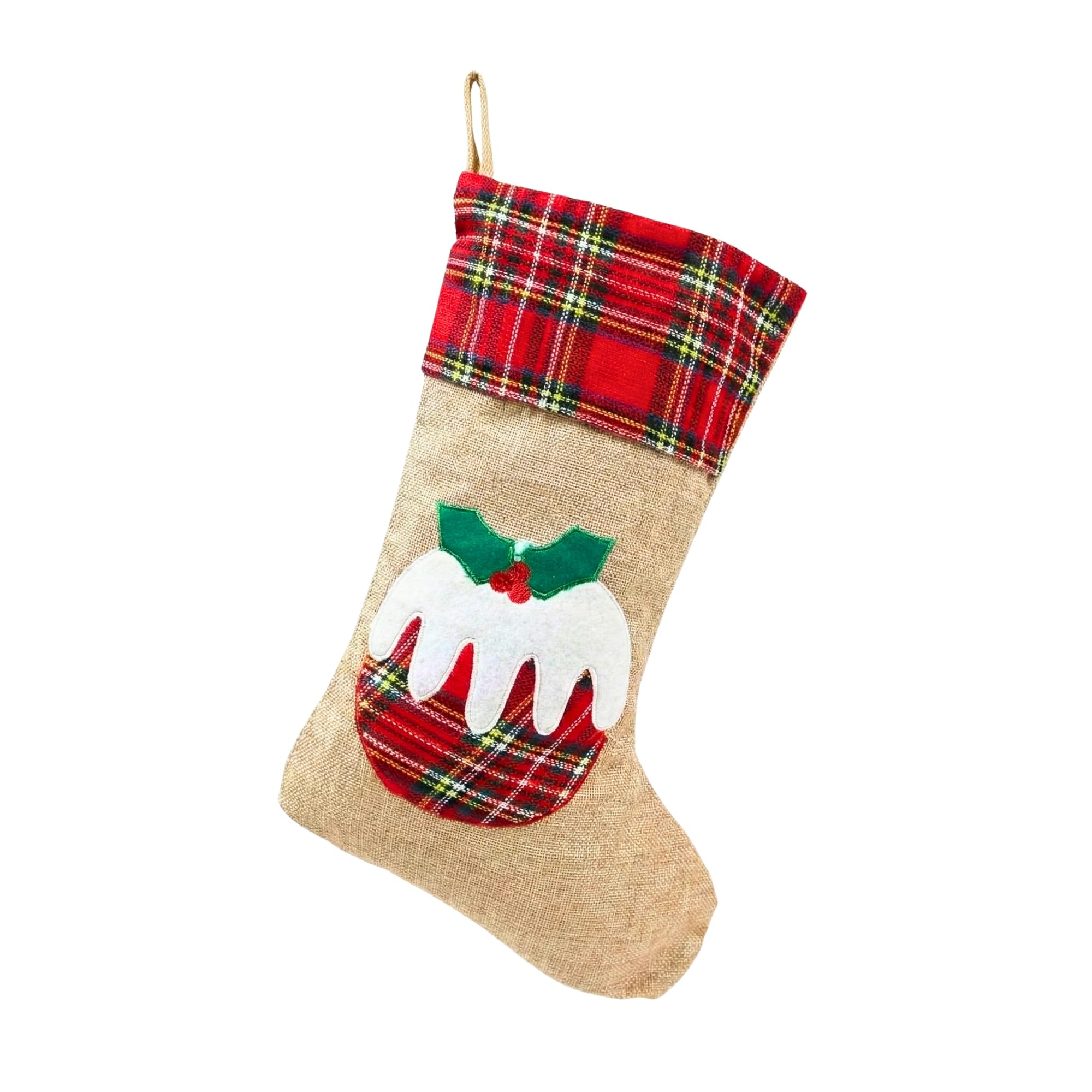 SHATCHI 45cm Large Christmas Pudding Xmas Stocking, Burlap Hessian Linen Hanging Sack Sock with Traditional Printed Design, Reusable Fireplace Stocking for Sweets, Toys and Festive Home Decorations