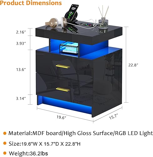 Miniatura 2 de Mesita de noche LED RGB con estación de carga inalámbrica, mesita de noche blanca con parte superior de vidrio glamoroso y 2 cajones, mesa de noche