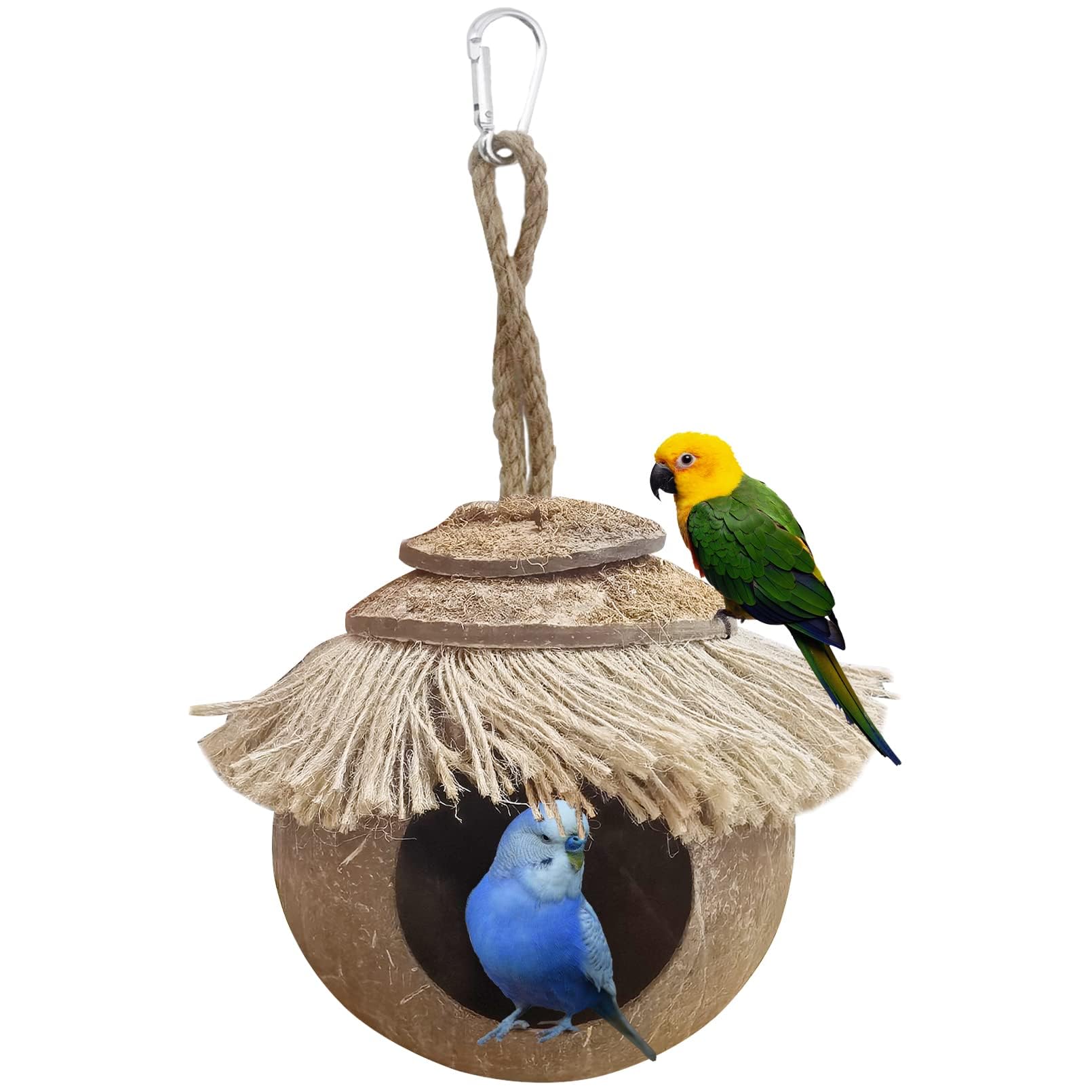 Kathson Coconut Hide with Loop, Natural Coconut Fiber Hanging Birdhouse Cage, Coconut Bird Shell Breeding Nest for Parrot Parakeet Lovebird Finch Canary, Pet Cage Habitats Decor,Small Animals House