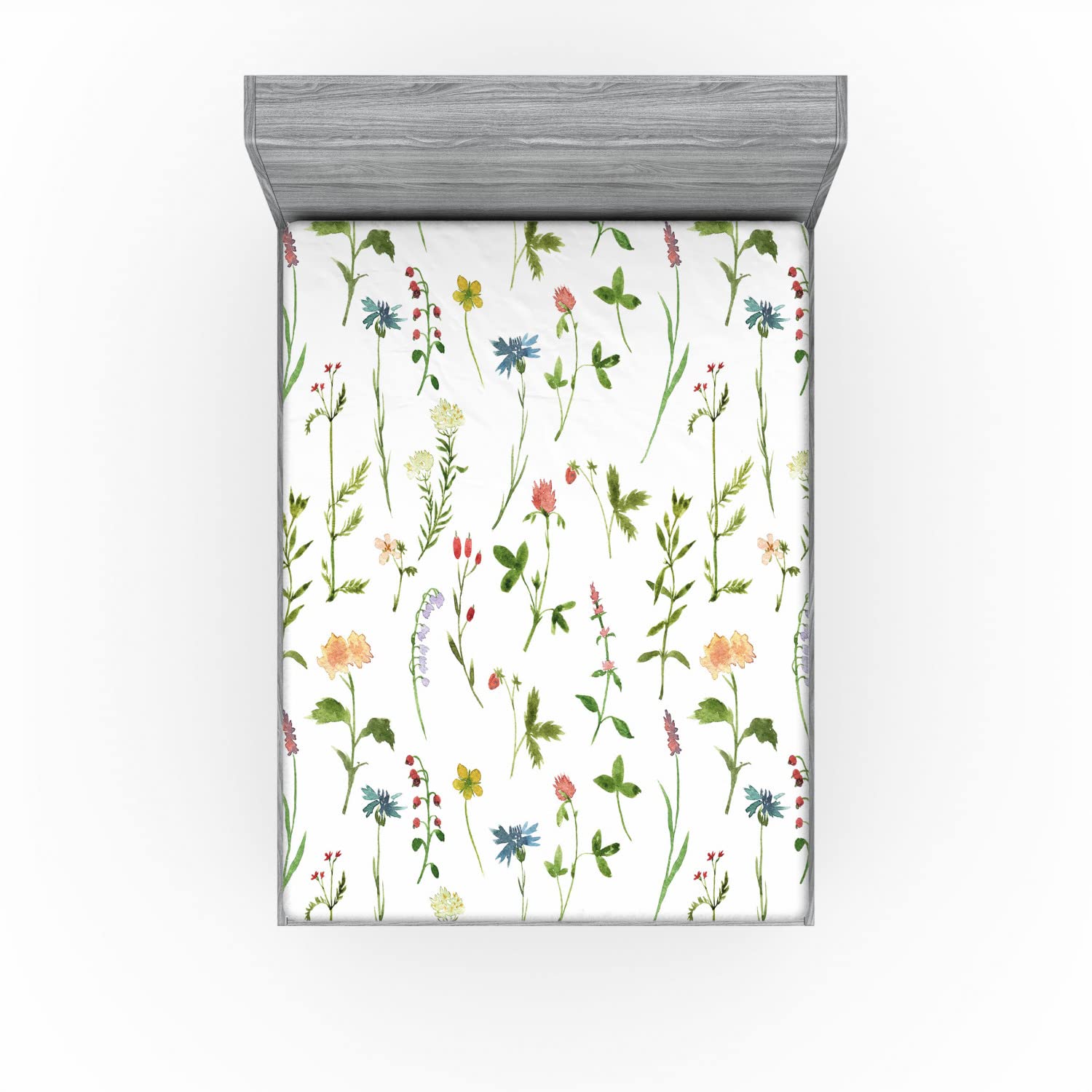 Ambesonne Floral 2 Pack Fitted Sheet, Herb Flowers Watercolors, Bed Cover All-Round Elastic Deep Pockets 2 Pieces, Package Contains 2 Full Size Fitted Sheets, Yellow Green