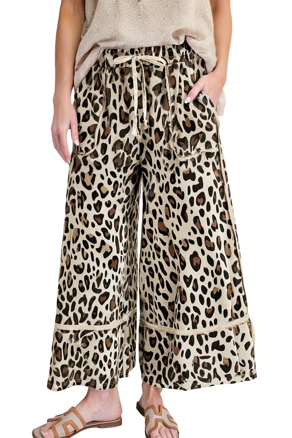 Womens Leopard Wide Leg Cropped Pants High Waisted Pajama Lounge Pant Casual Trousers with Pockets