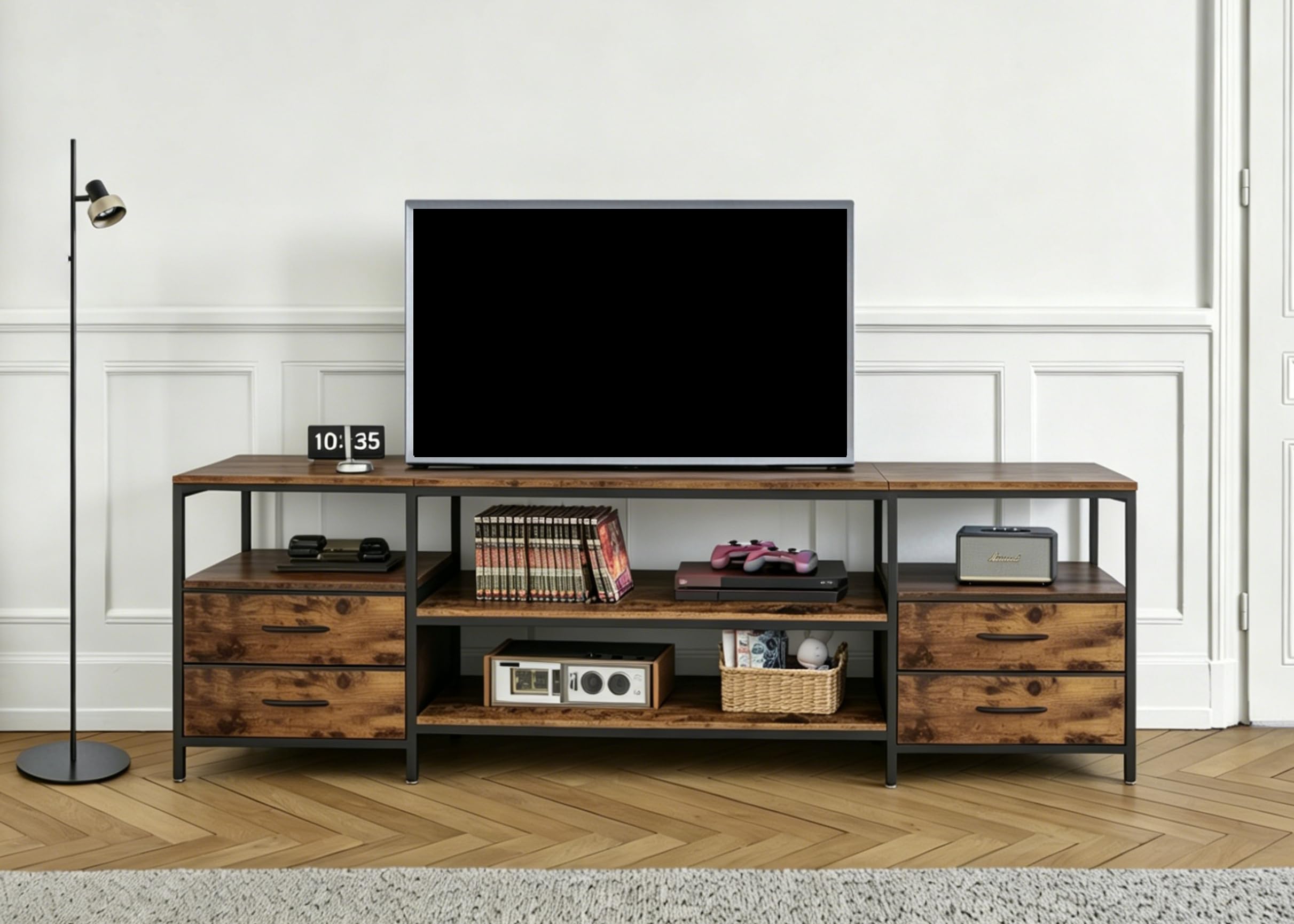 Mobile TV Legno, Mobile Porta TV con Presa e Striscia Luminosa a LED, Cassettiera in Tessuto con 4 Cassetti e 4 Ripiani Aperti,160x40x63 cm