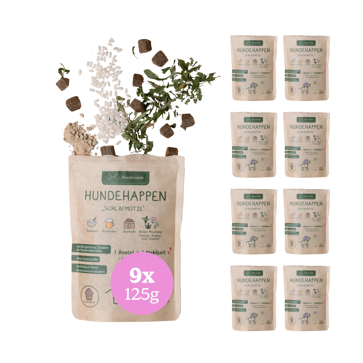 Hunderunde – Hundehappen Schlafmütze 9×125?g – vegane Hundeleckerli mit Hanf, Baldrian & Kamille – reich an B-Vitaminen – glutenfrei & beruhigend – ideal für Sensible Hunde – entspannende Hundesnacks