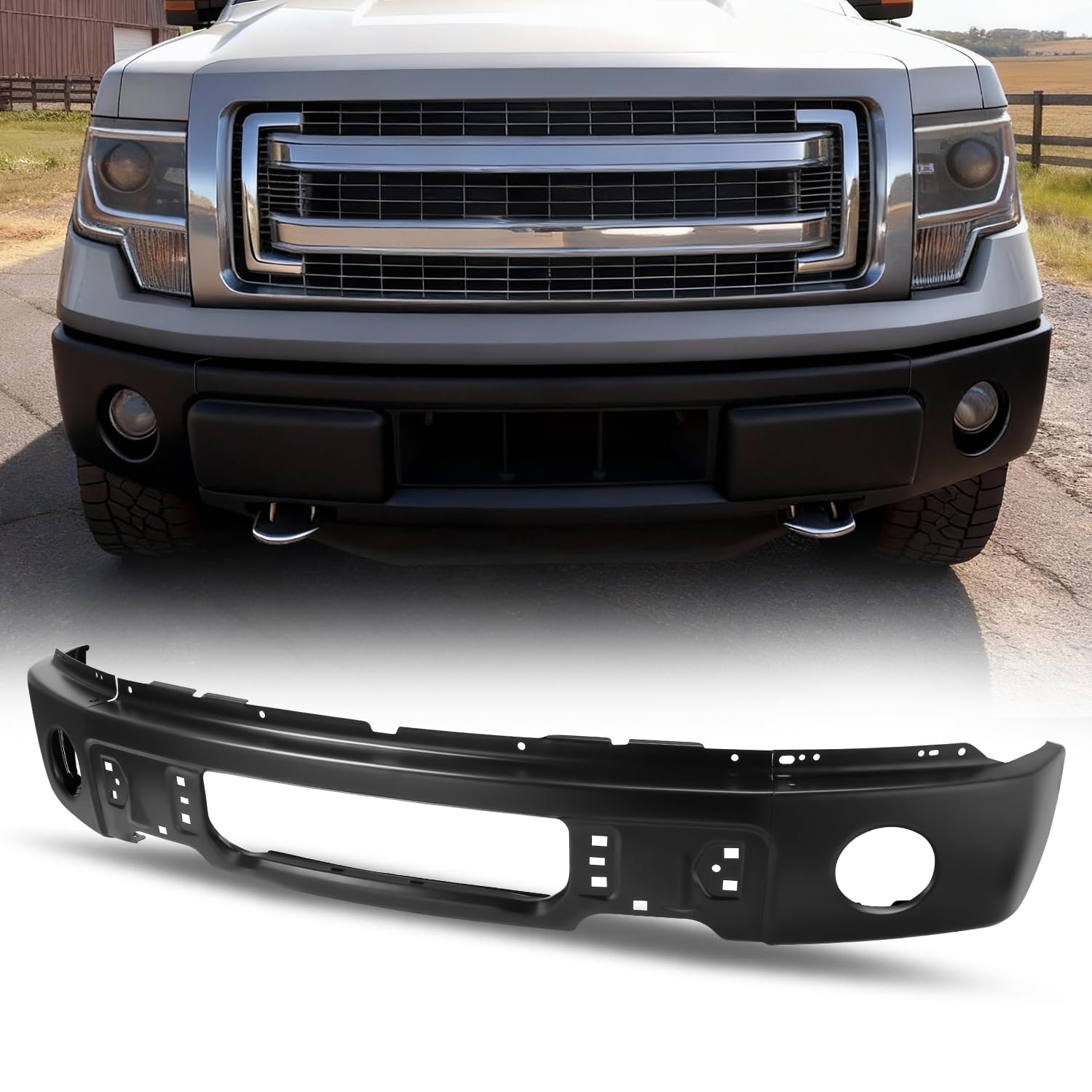 Auto Dynasty Front Bumper Impact Face Bar Replacement Compatible with 2009-2014 Ford F-150, with Fog Light Holes, Painted Black