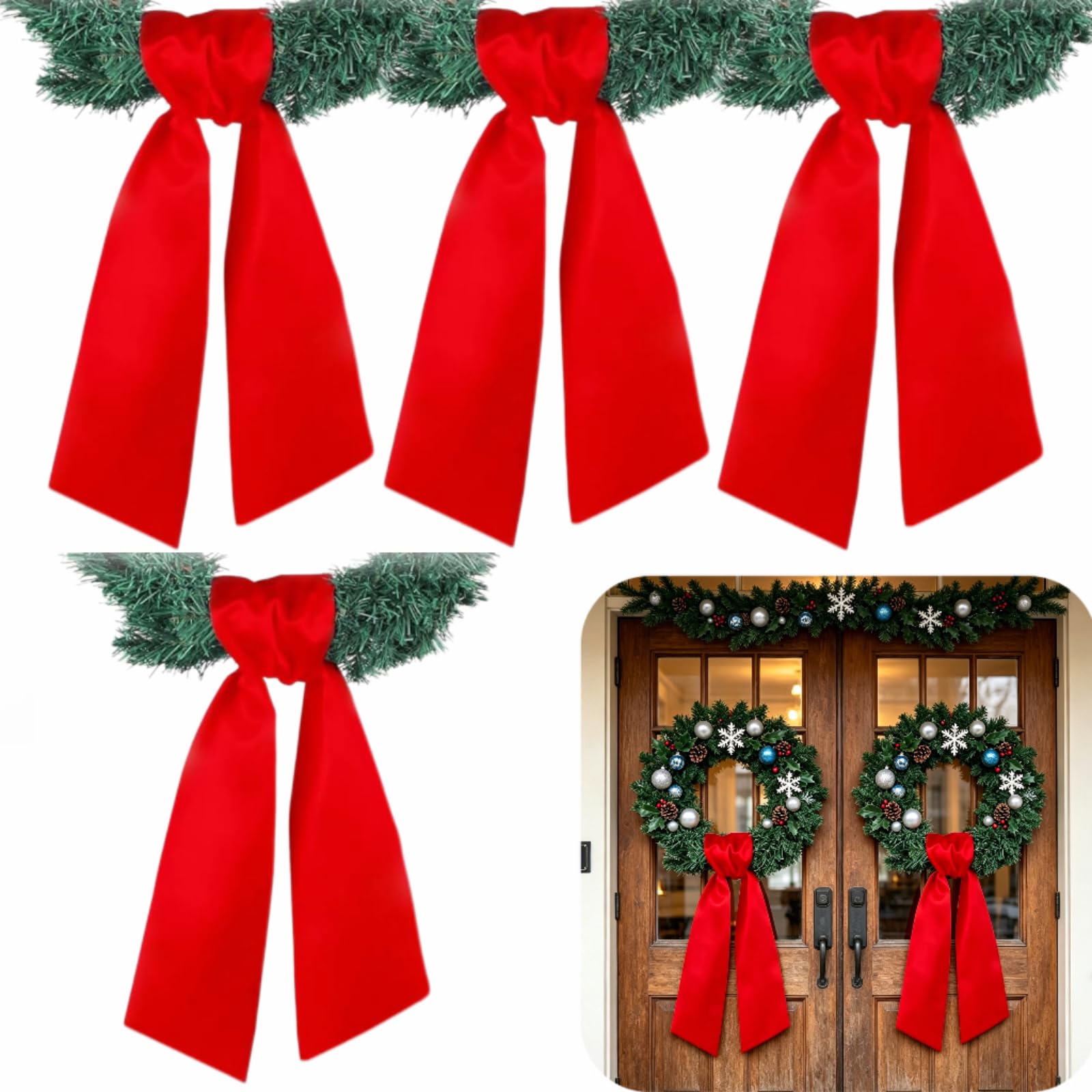 Dream Loom Wreath Sash for Front Door, 4 Pcs Red Wreath Sash Accessories Decor for Xmas Party Yard Doorway Indoor Outdoor Wall