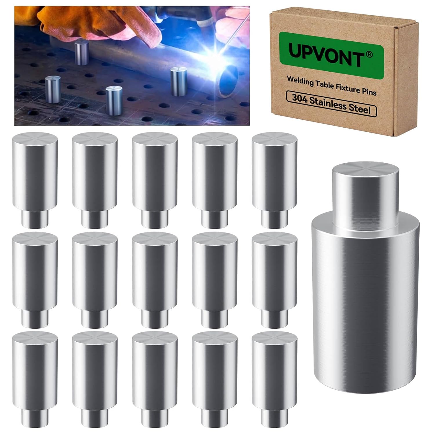 Welding Table Fixture Pins – 304 Stainless Steel, for 5/8" Welding Table Holes, 2" Total Height Fixture Stops, Precision Welding Table Accessories, Maintenance-Free Use (16 PCS)