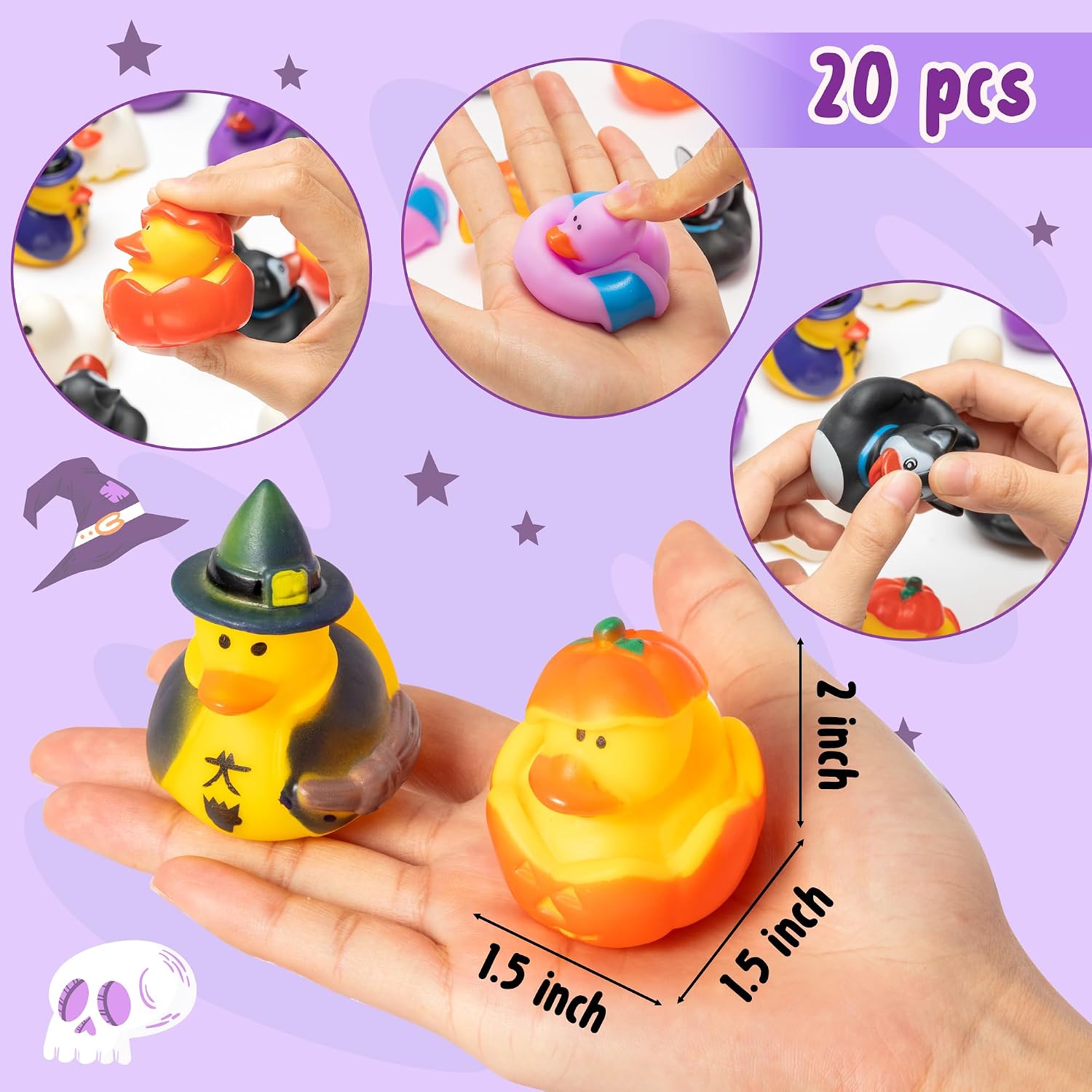 K1tpde Halloween Funny Rubber Ducks - 20PCS Pumpkin Ghost Witch Bat Black Cat Role Pack of Rubber Ducks Bath Toys for Kids, Halloween Party Favors Goodies Bag Filler Gift for Kids Baby Shower Supplies