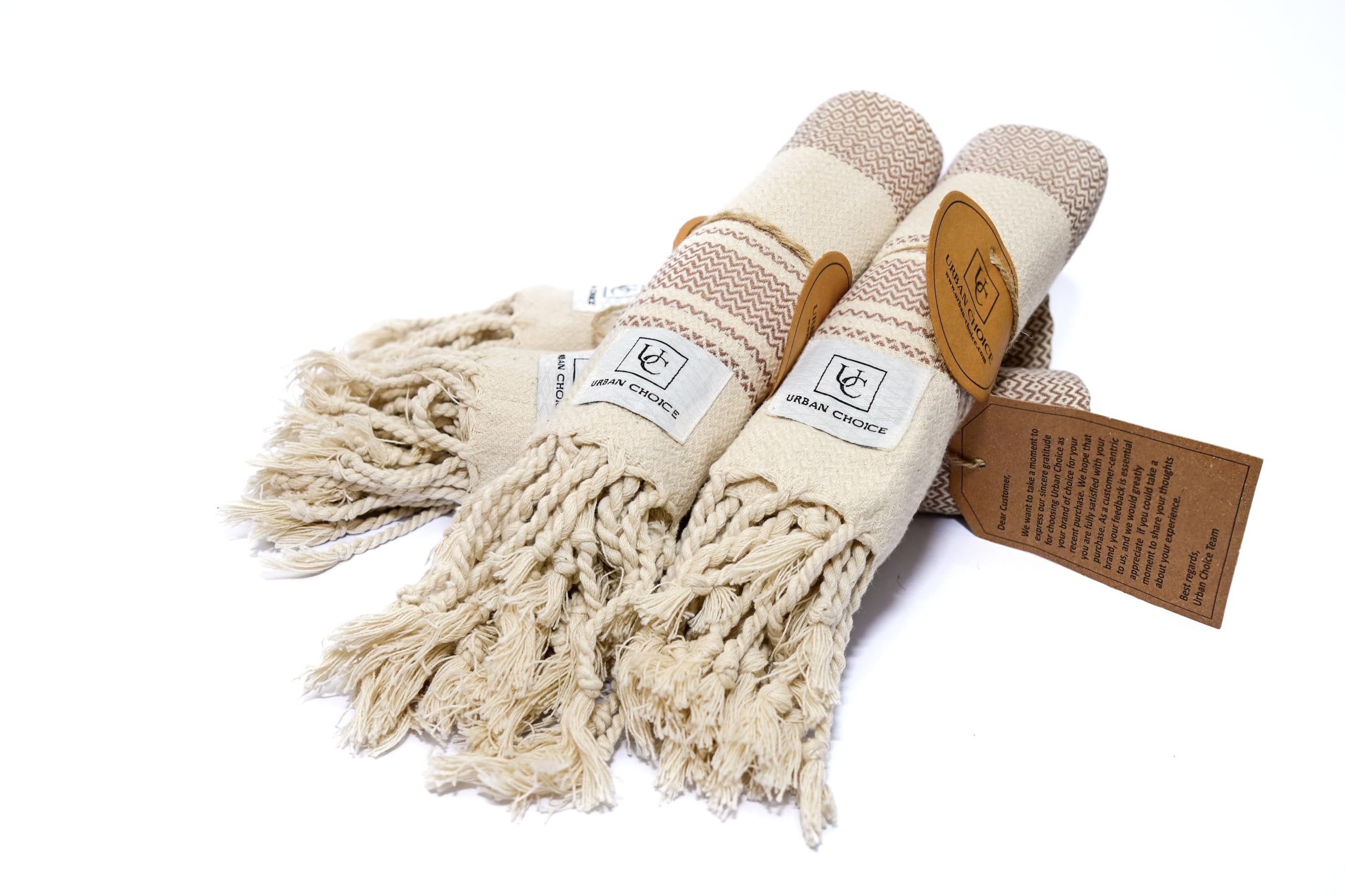 URBAN CHOICE Turkish Hand Towels with Hanging Loop(18" x 38"), Set of 4, Prewashed, Multipurpose Decorative Hand Towels for Bathroom,Hand,Kitchen,Face,Yoga,Gym,Tea (Brown, Diamond - Pack of 4)