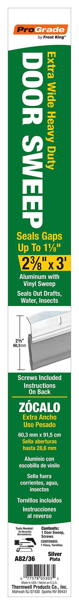 Frost King A82/36H Extra Wide Heavy Duty Alum/Vinyl Door Sweep, 2-3/8In Wide x 36In Long, Silver