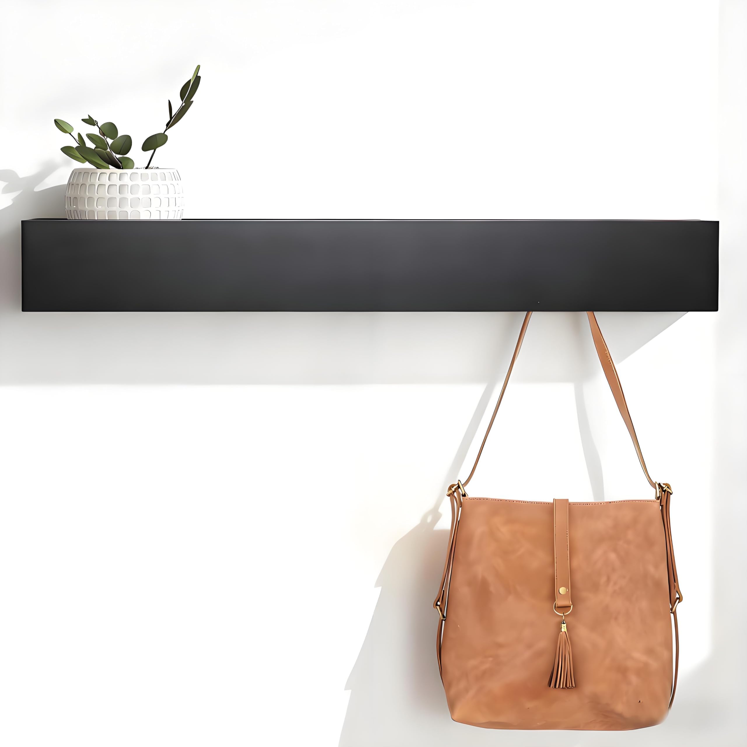 Wandgarderobe mit Ablage, Versteckte Wandmontage Kleiderhaken Wand, 60cm Garderobenhaken, Wandgarderobe Schwarz mit 7 Haken für Wohnzimmer, Flur und Schlafzimmer
