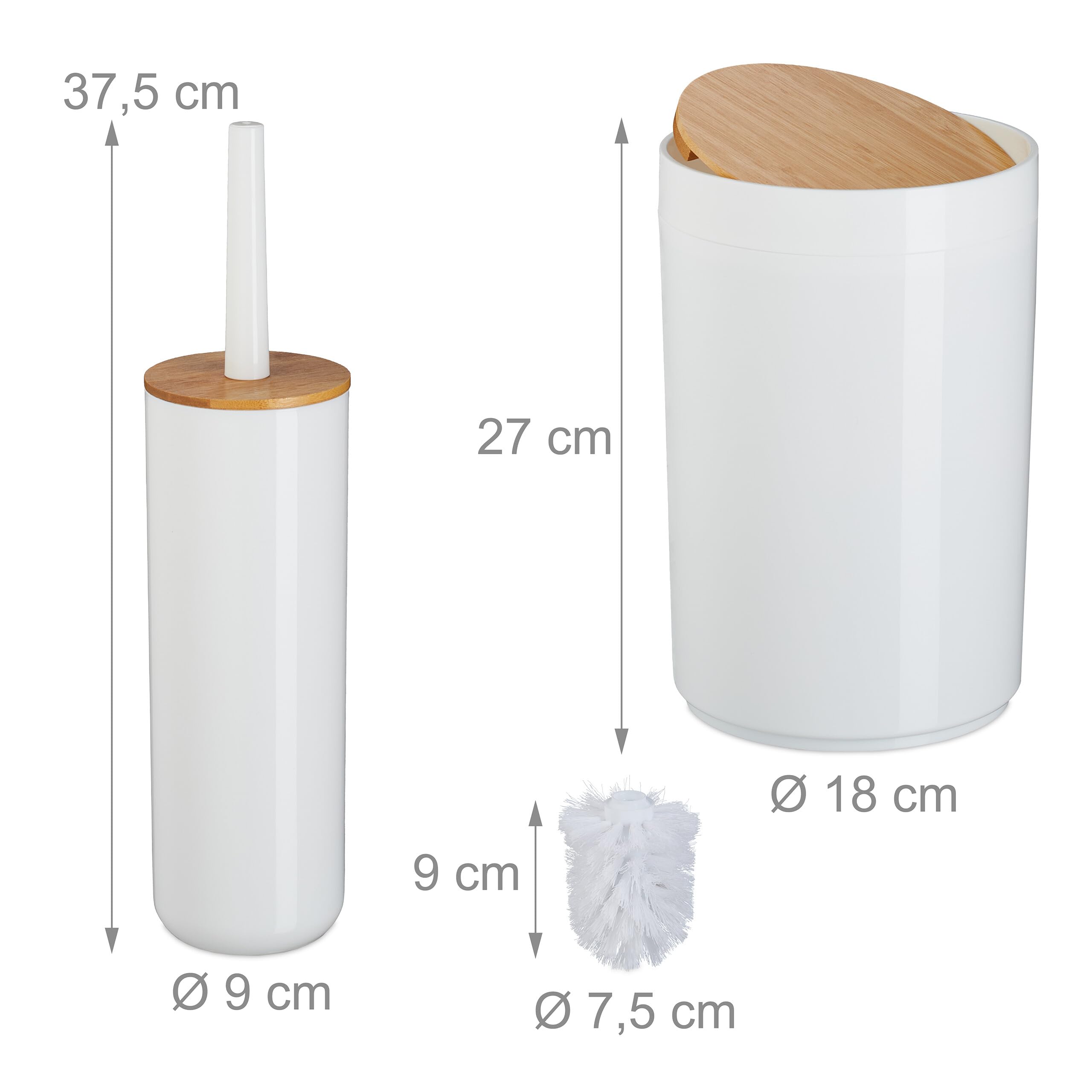 Relaxdays Set Bagno 7 Accessori, Cestino, Scopino WC, Portasapone, Saponetta, Portaspazzolino, Plastica e bambù, Bianco