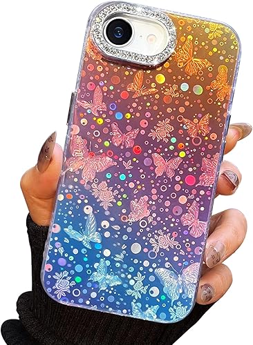 Miniatura 30 de I-MGAE-IN-AR - Funda diseñada para iPhone 12 y 12 Pro, diseño de mariposa plateada brillante, funda protectora de poliuretano termoplástico, suave,