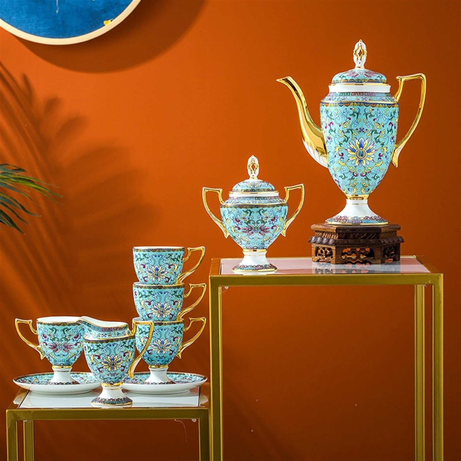 Jarra Juego de té la tarde café cerámica 15 piezas | Juego de taza y platillo de café Bone China