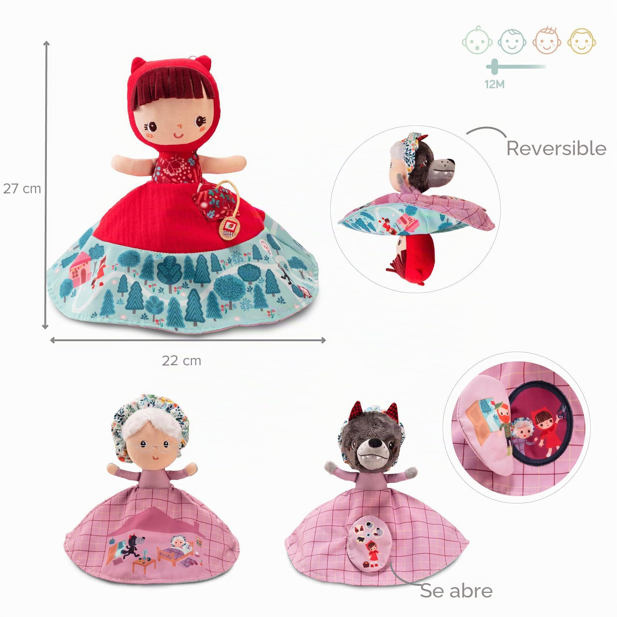Lilliputiens - Marioneta Reversible Caperucita Roja - 3 Personajes en 1 - Relato Interactivo Desde 12 Meses - Estimula la imaginación y la Vista - Cuenta la Historia con la marioneta - 83411