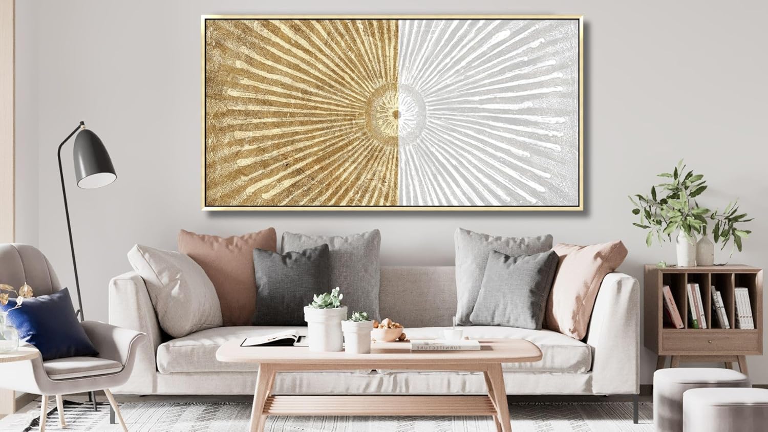 27"x56" Framed Canvas White and Gold Wall Art Symmetrical Line Abstract Modern Wall Decor Art for Living Room Bedroom Bathroom Office Wall Decor