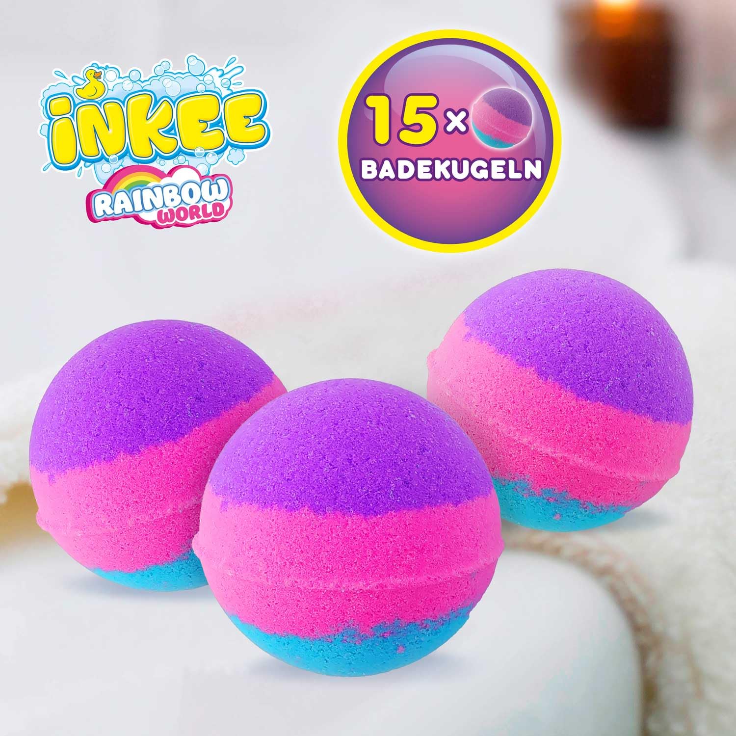 INKEE Pack Colour Rainbow World 15 bombek do kąpieli dla dzieci z 3 różnymi kolorowymi warstwami (różowy, fioletowy i niebieski), wata cukrowa i aromat oleju arganowego