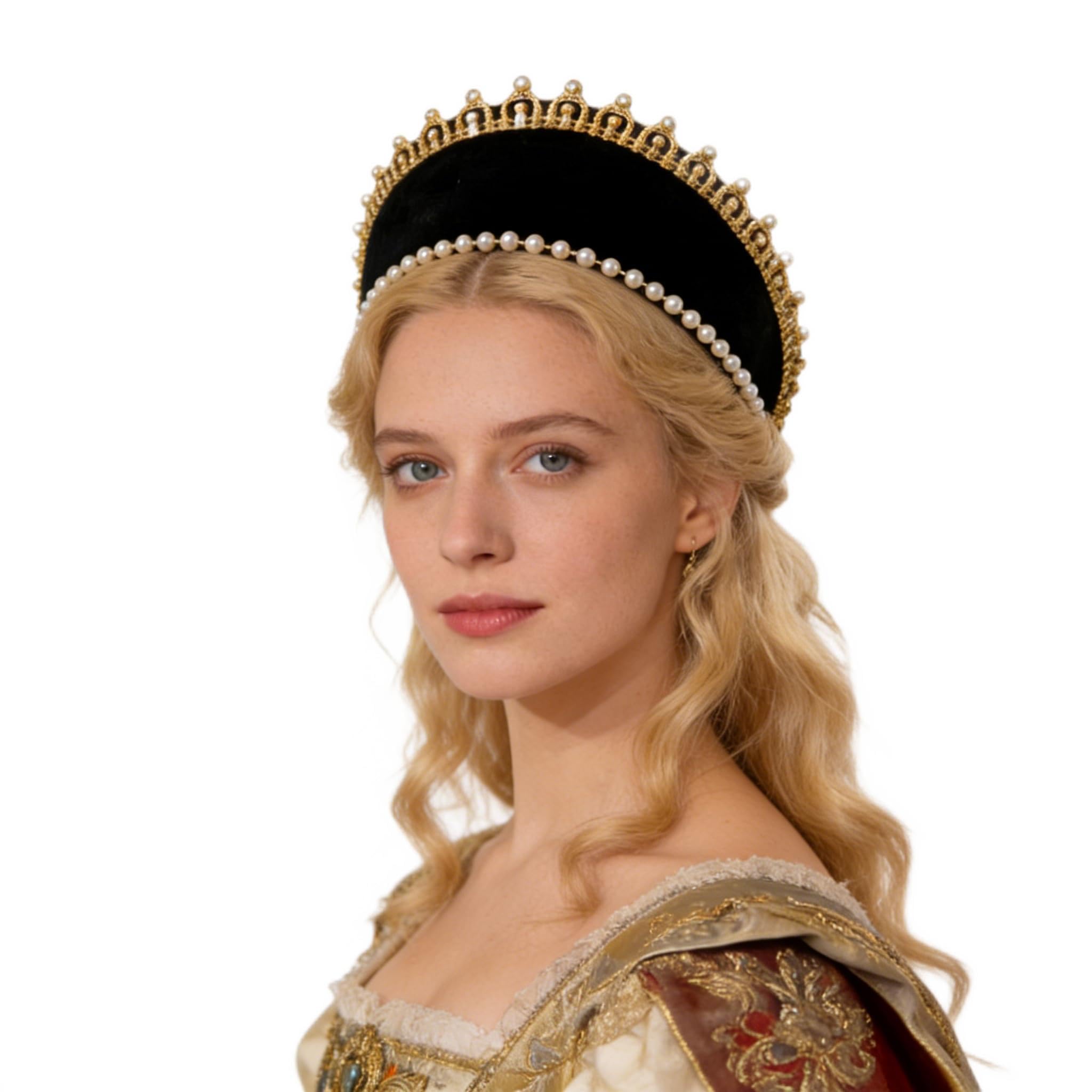 Anne Boleyn Tudor Elizabethan French Hood Headband, Black Velvet with Gold Star Trim and Pearl Embellishments, Royal Coronet Headpiece, Palace Retro Cosplay Hair Accessory (02 Black) — image 1