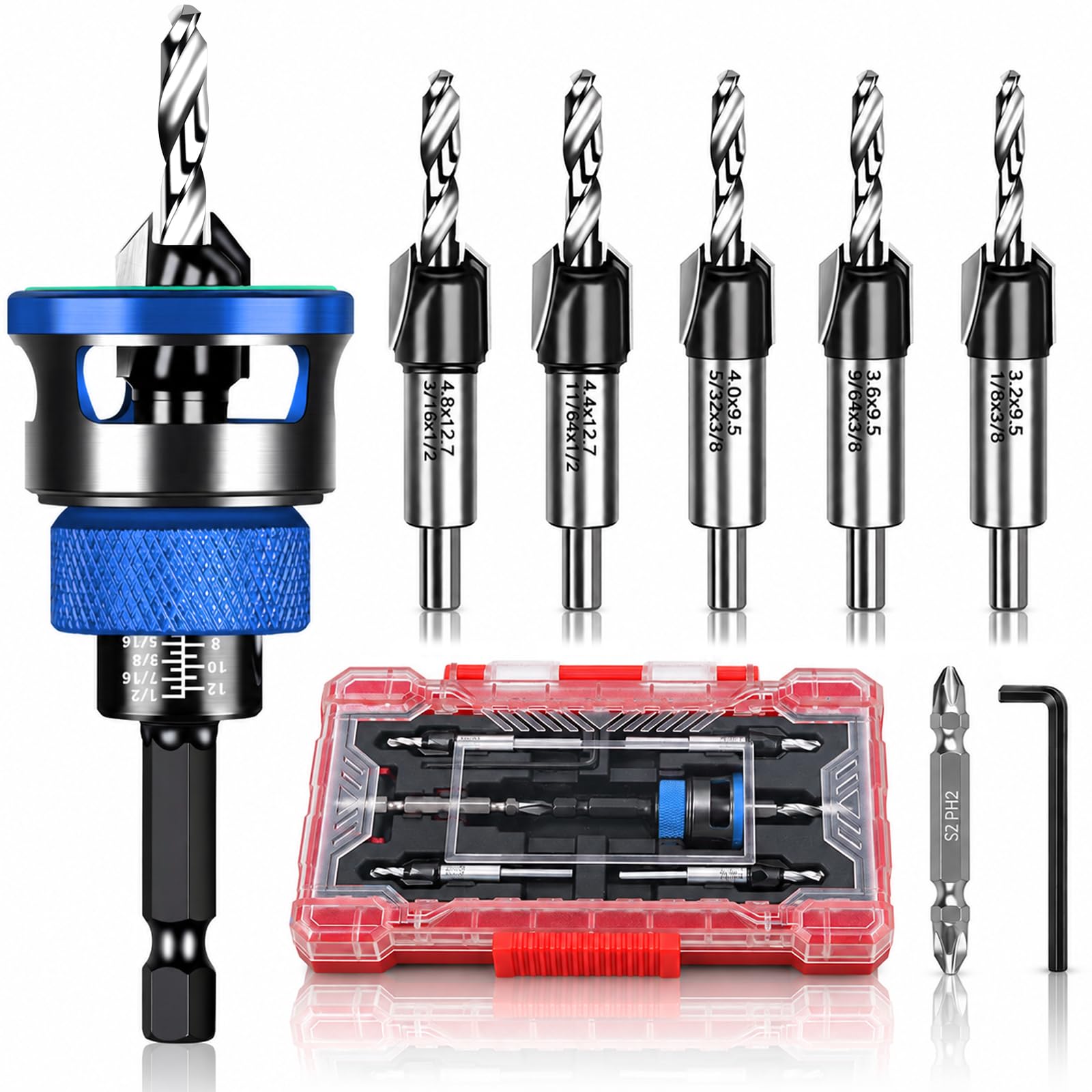 Countersink Drill Bit Set - 9 Piece with Depth Stop -10 Countersink Drill Bit Set - 9 Piece with Depth Stop -10