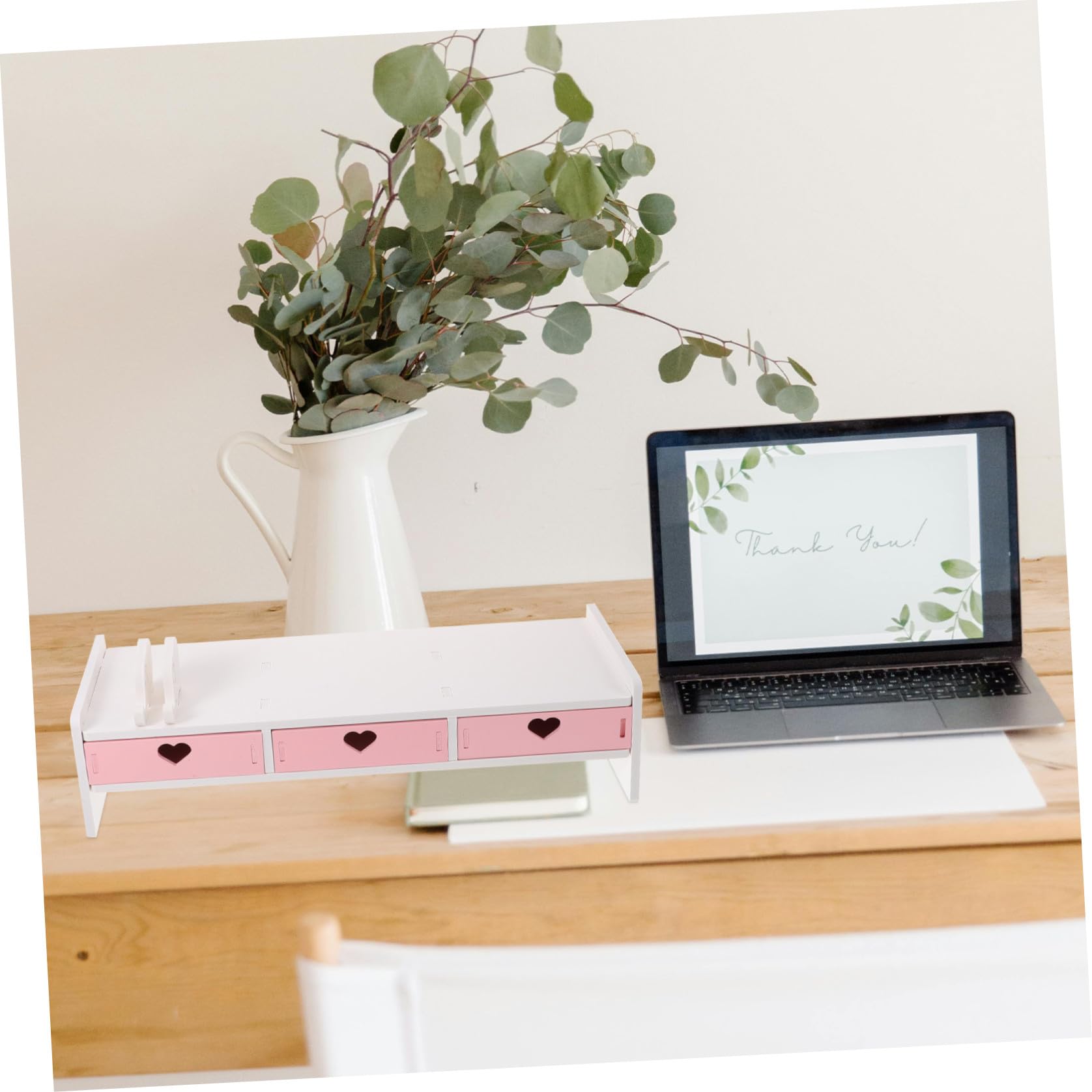 Housoutil Supporto per Monitor da Scrivania in PVC Rosa e Bianco, Rialzo e Organizzatore per Computer da Ufficio e Studenti, Spazio Salvaspazio per Tastiera e Accessori