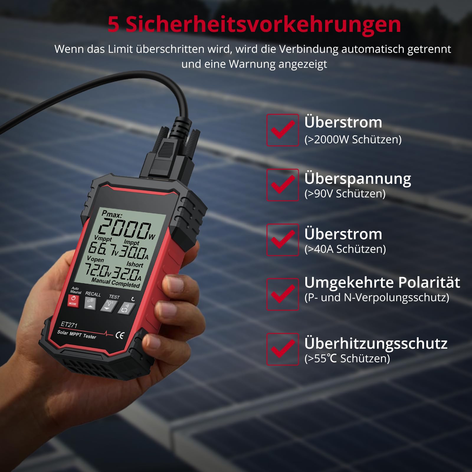 XUNTOP Photovoltaik Solarpanel Tester 2000W MPPT Tester Photovoltaik Multimeter 士1.5% Mit LCD Display für Solar PV Anlage Solarmodul Tests