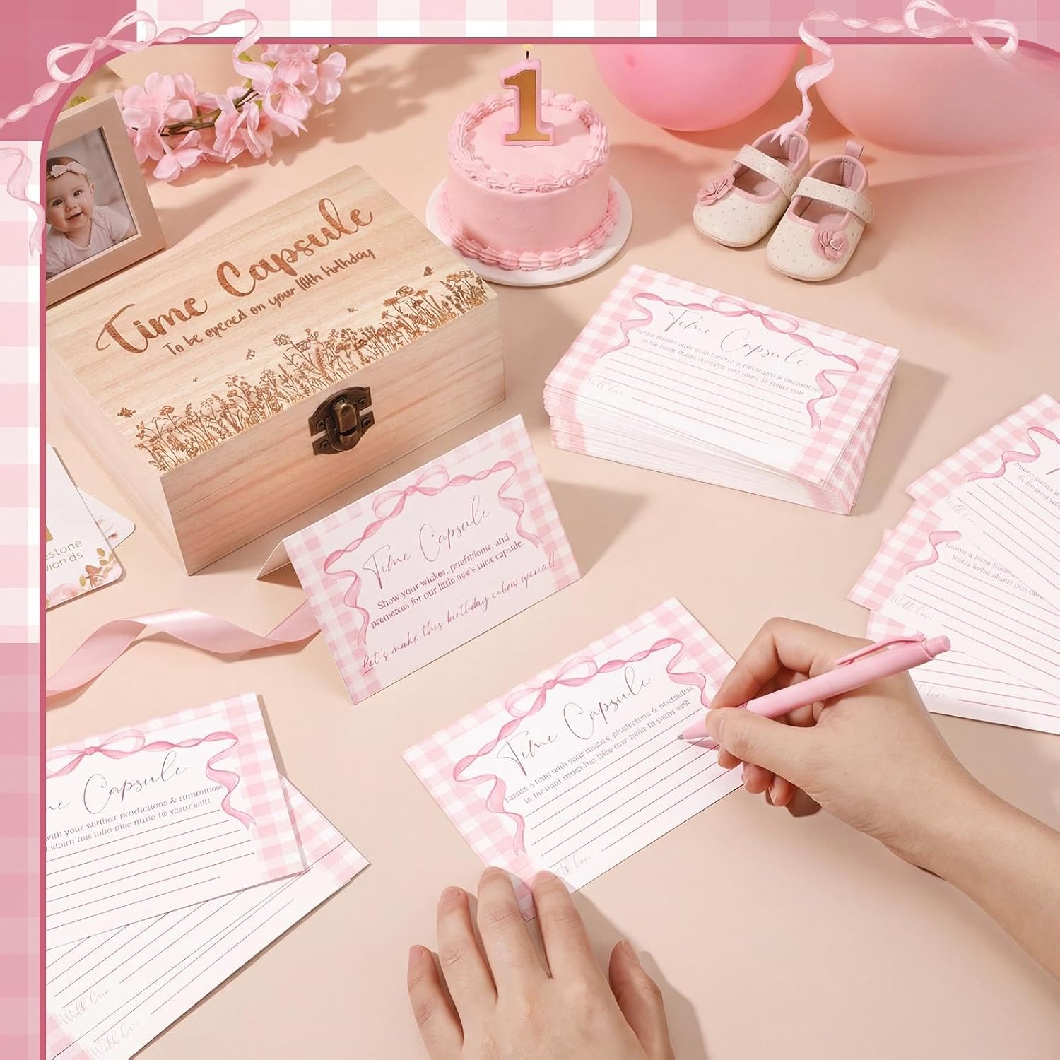 Fuutreo Pink Bow Themed Time Capsule Box 1st Birthday Time Capsule First Birthday Party Games, 1st Activities for Guests, Advice and Wishes Cards Gift Keepsake for Party Supplies