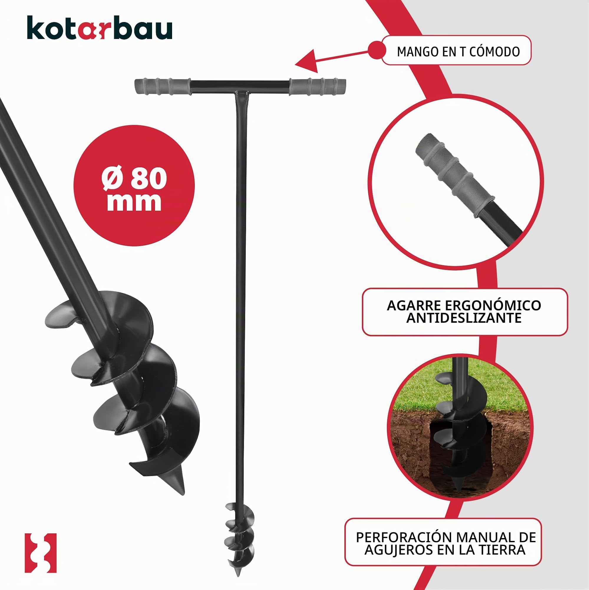 KOTARBAU® Ahoyadora manual 80 mm, Taladro de tierra manual, Perforadora de suelo con mango en T antideslizante, Barrena de jardín, Perforador de mano, Broca espiral de tierra, Plantador Cavahoyos