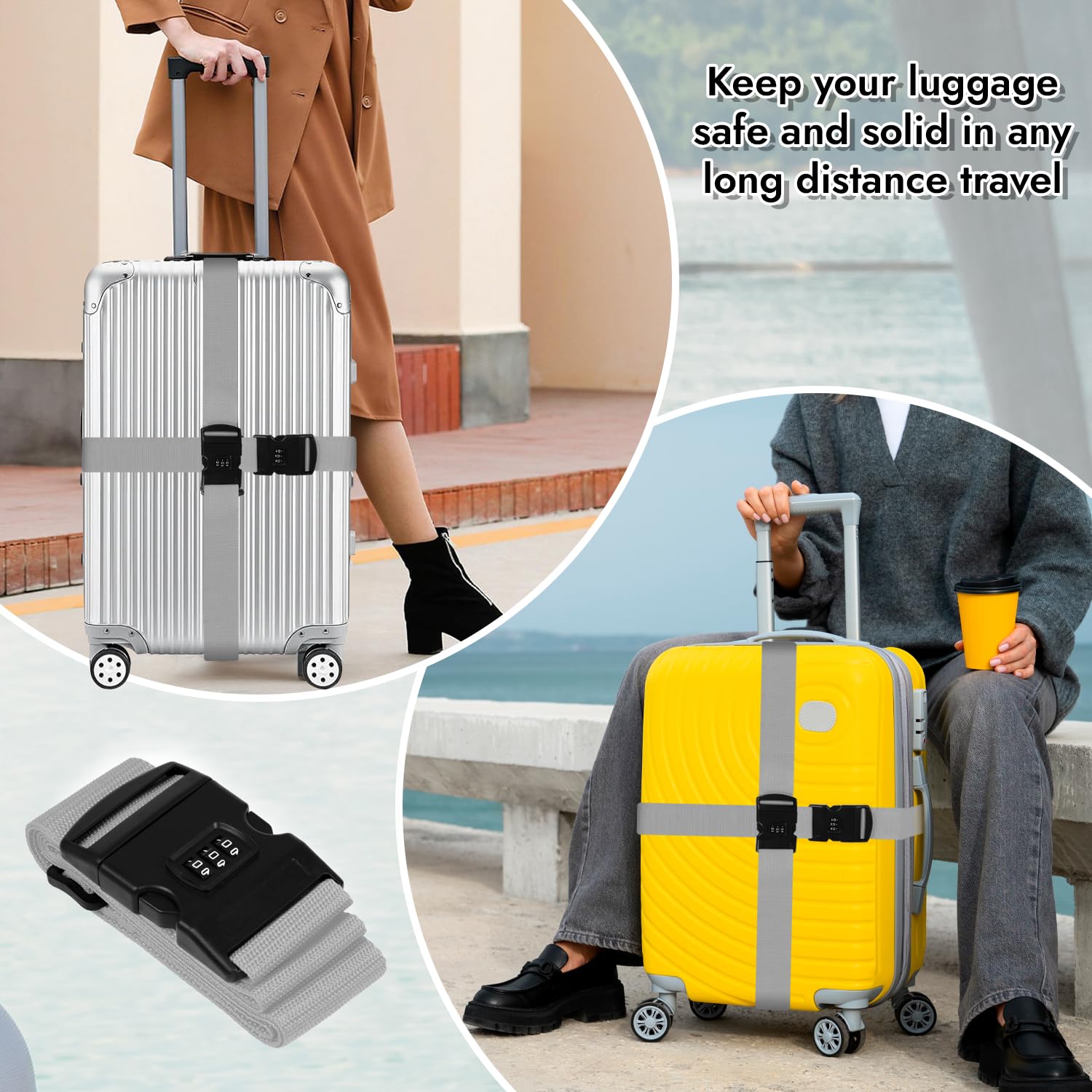 Storite 4 Pack Luggage Strap Belt with Number Lock (Grey) 4