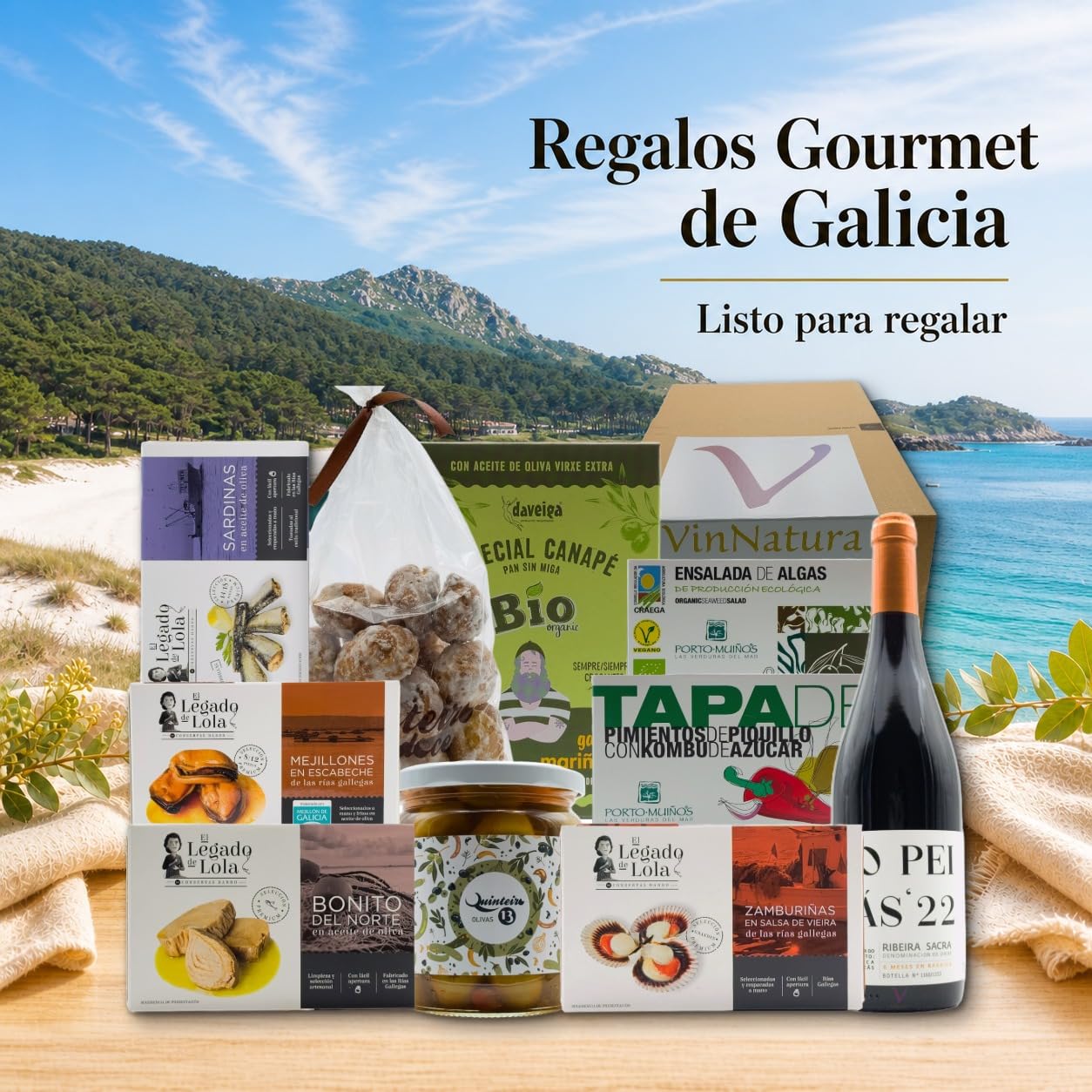 Cesta Gourmet Rodas de VinNatura con Conservas Artesanales y Vino Mencía | Regalo gourmet gallego, regalos de empresa, cesta con vino, elaboración tradicional, tarjeta personalizable