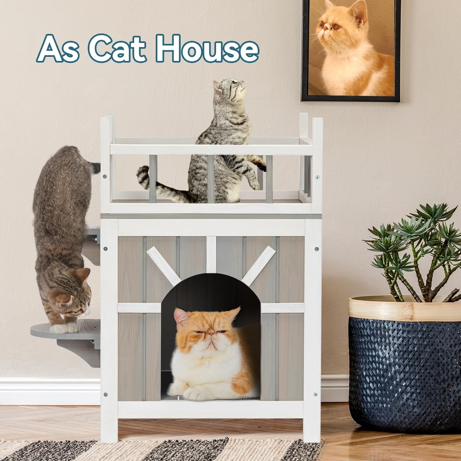 review Petsfit Cat House Cat Condos Cat Feeding Station for Outdoor Indoor Cats Kittens,2 Story Wood Feral Cat Shelter Cage Weatherproof with Balcony and 2 Removable Floors Gray