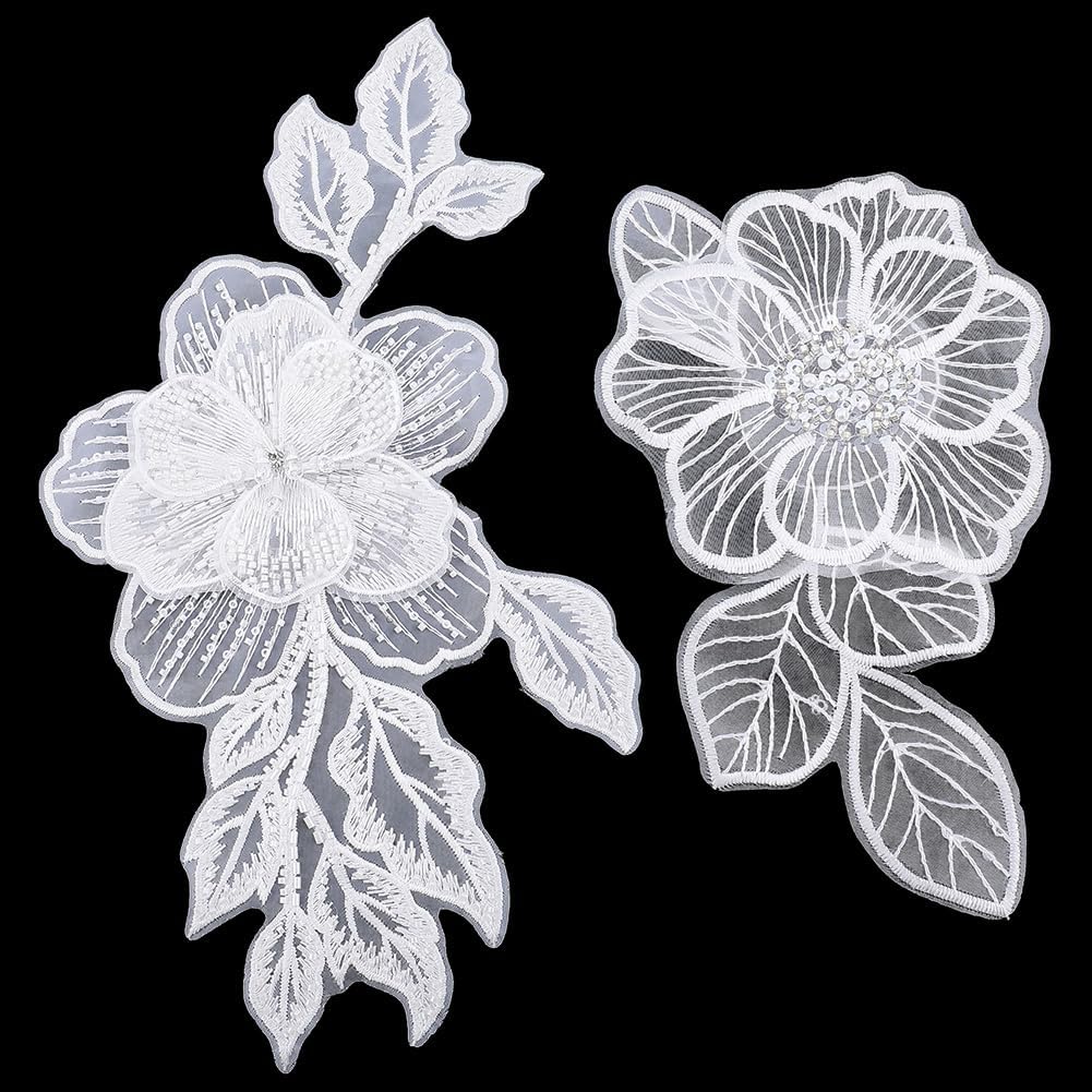 FINGERINSPIRE 2Pcs Handmade Beads Sewing Applique 2 Styles White Sewing Beads Lace Patches Embroidery Flower Lace Collar Embroidery Beaded Bodice Accessory for Wedding Dresses DIY Decorative Clothes