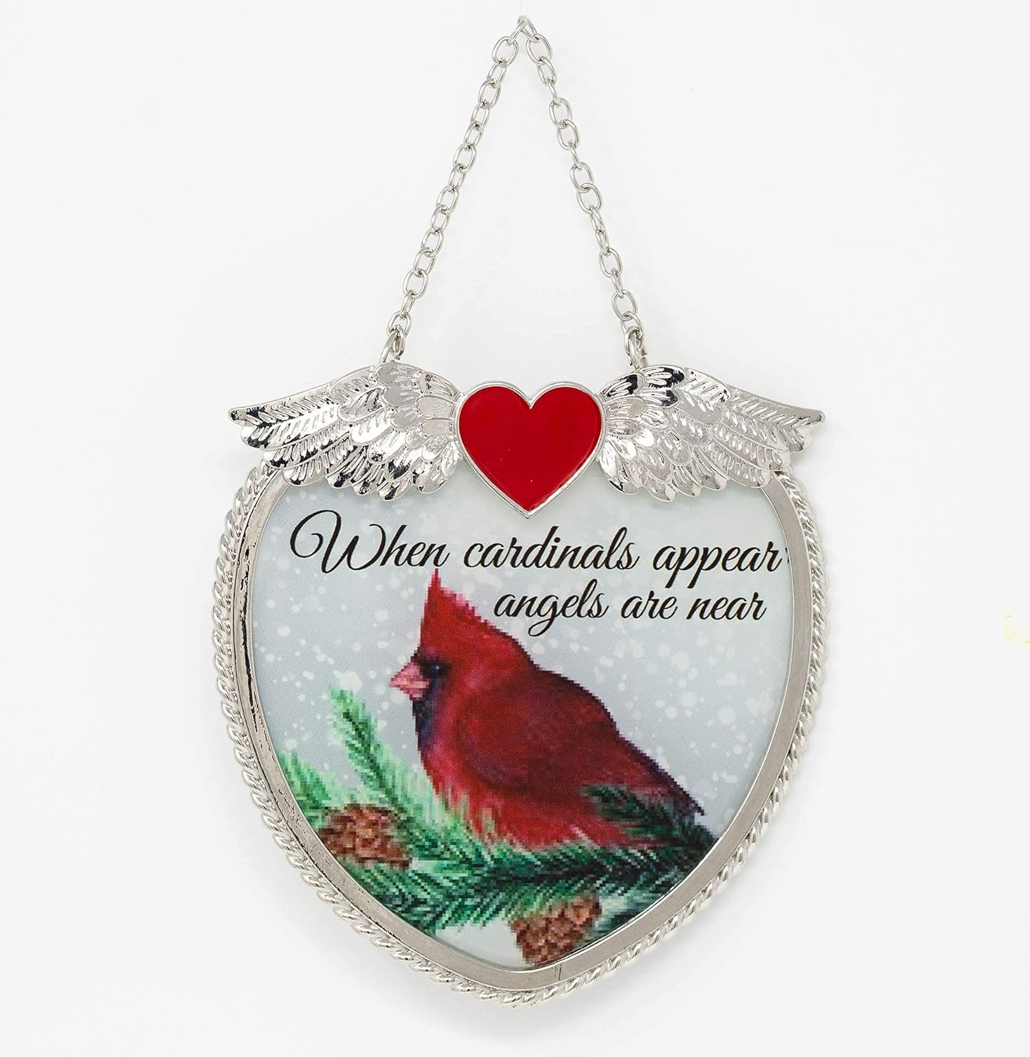 Memorial Cardinal Heart Suncatcher - "When Cardinals Appear Angels are Near" - Sympathy Saying for Loss of Loved One - Male Cardinal Design with Pine Cones and Greenery and a Snowy Background : Patio, Lawn & Garden