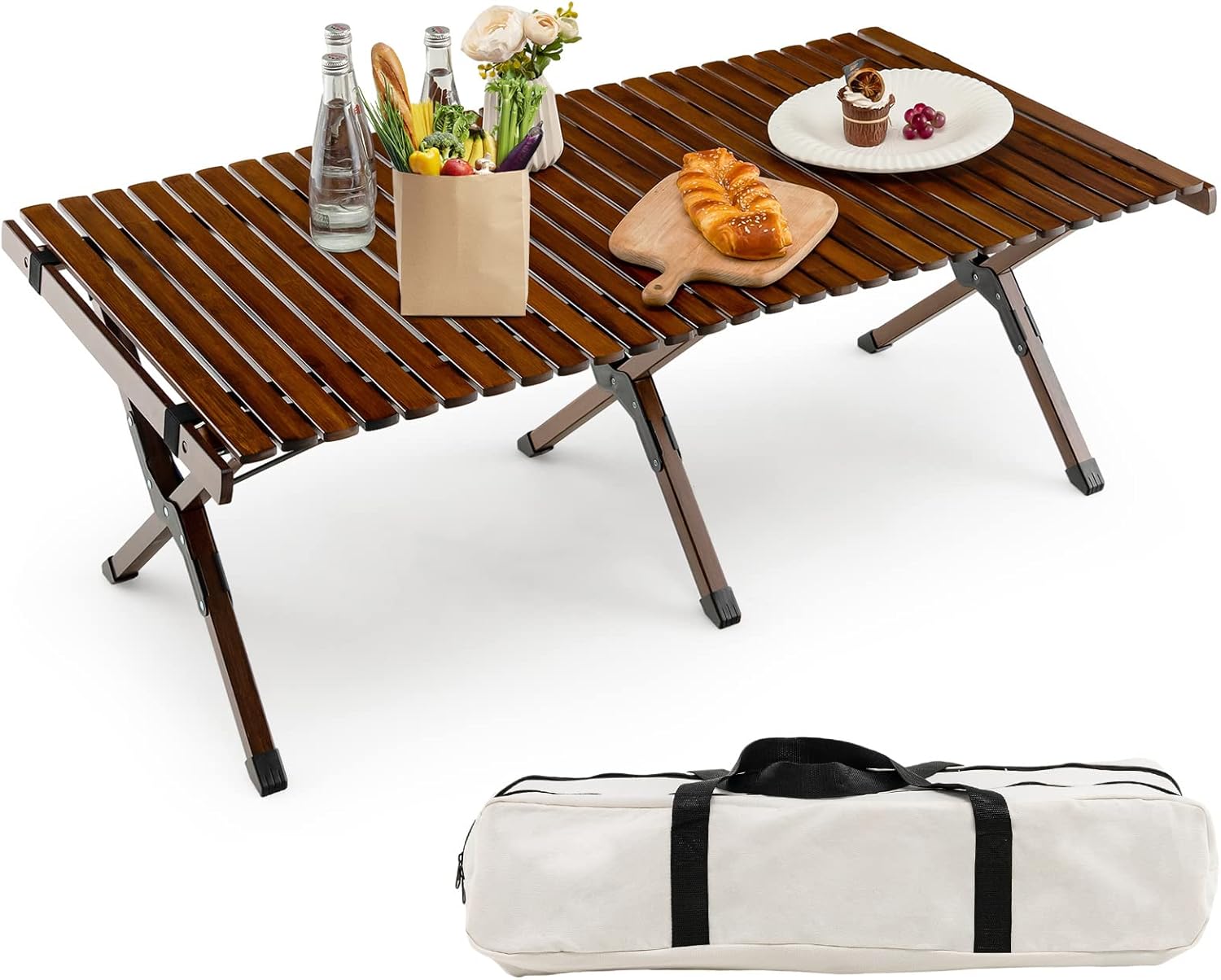 Giantex Folding Picnic Table, Wooden Rollup Bamboo Tabletop, Portable