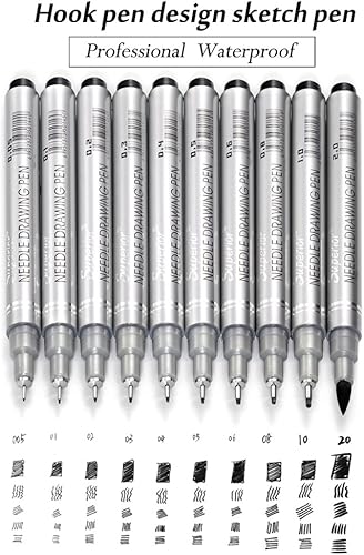 Miniatura 3 de Juego de 10 plumas negras de punta micro fina, con tinta que no traspasa y a prueba de agua, puntas de pincel y caligrafía, para ilustración de