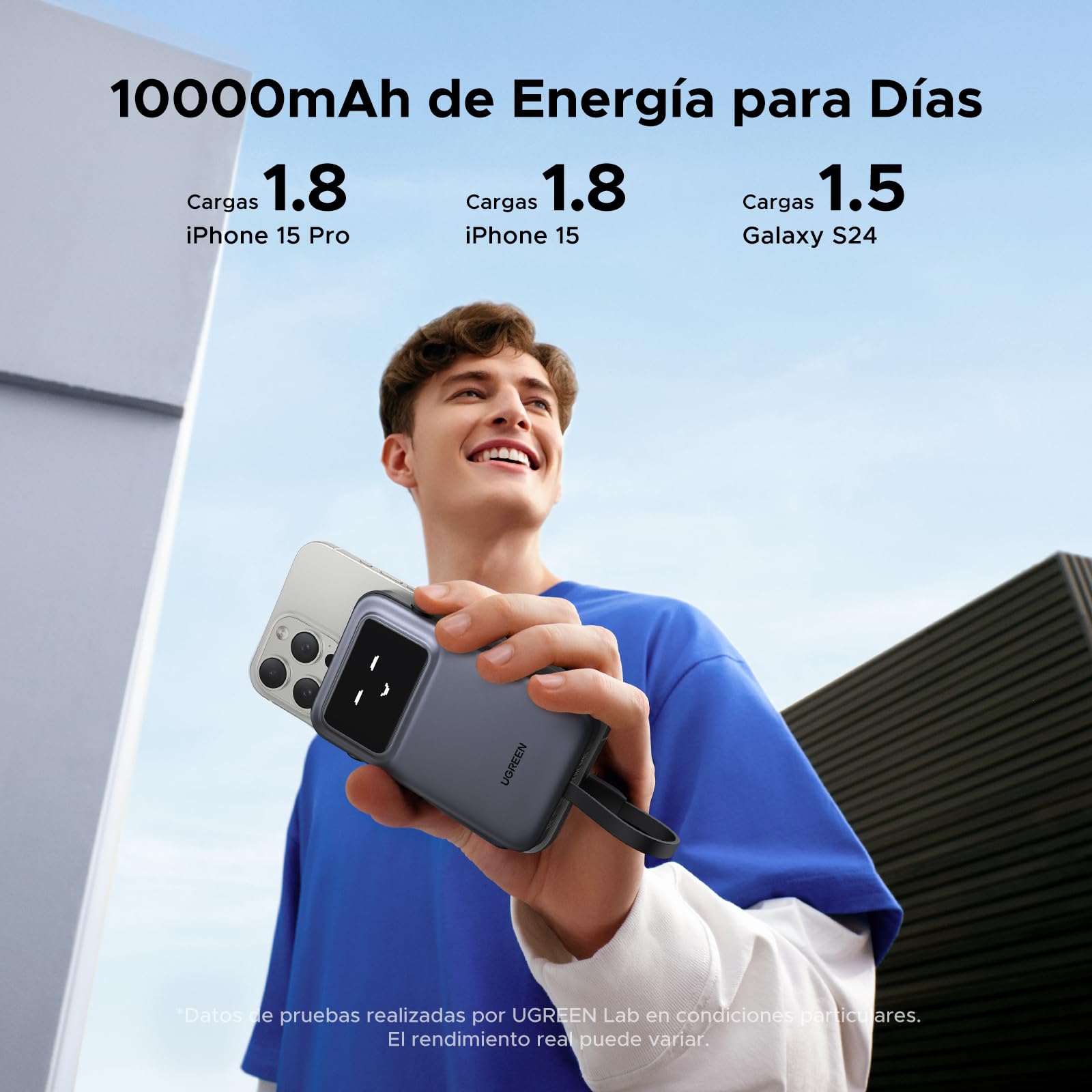 UGREEN Uno Power Bank 10000mAh, Cargador Portátil PD 30W con Cable Type C Integrado, Compatible con iPhone 16/15 Plus Pro MAX, Galaxy S24 S23, Pixel 9/8/7, etc.