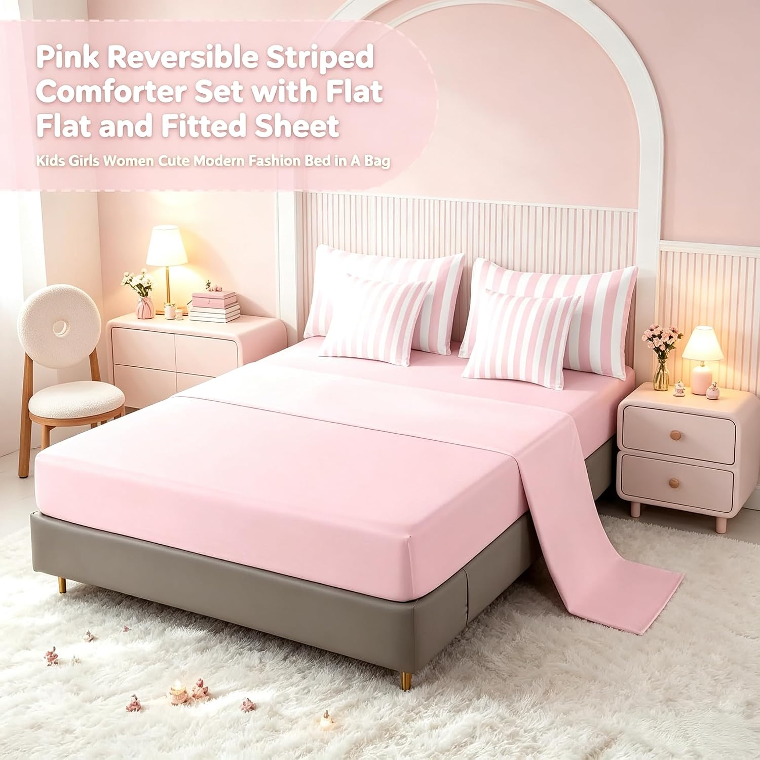 Erosebridal Pink and White Striped 7-Piece Bed in a Bag Full Size Modern Abstract Striped Bedding Set for Kids Teens Adults - Pinstripe Geometric Lines Comforter Set with Sheets Modern Trendy Bed Sets