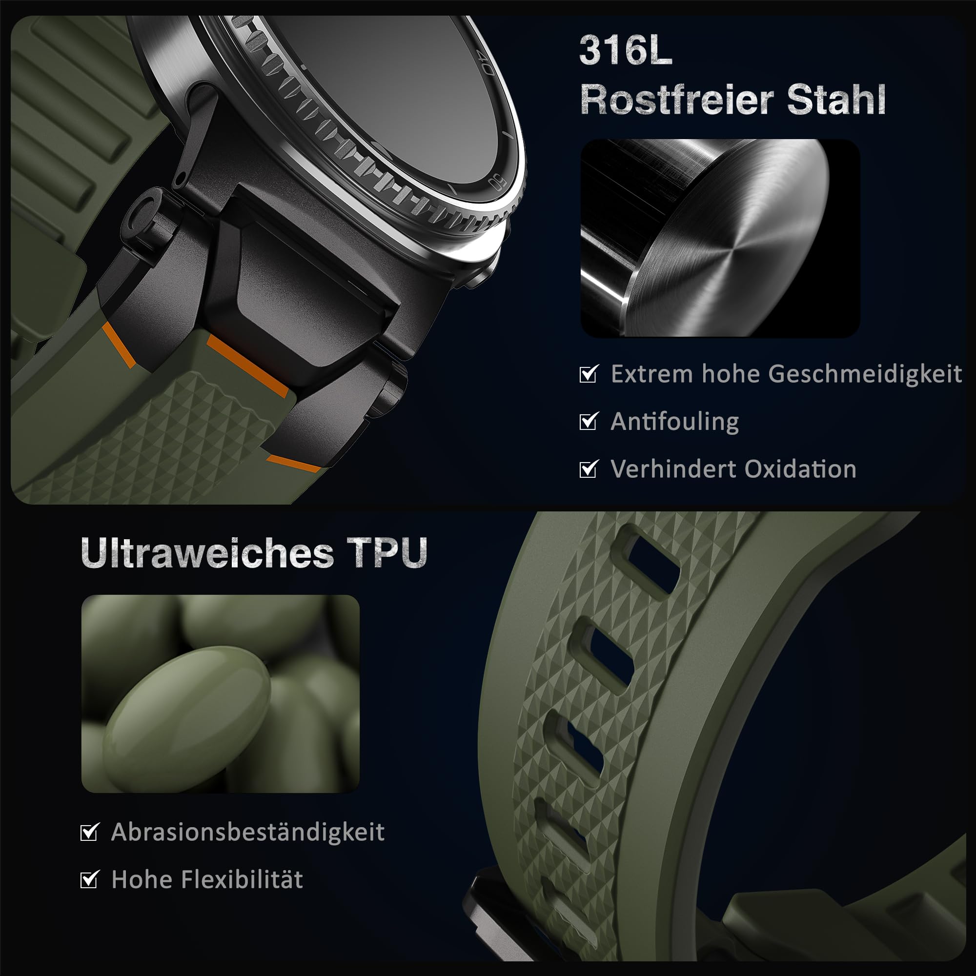 ULTIMAL Bracelet compatible avec Samsung Galaxy Watch 9/8 40 mm/44 mm, 8 Classic 46 mm, bracelet de sport robuste en TPU et métal de qualité supérieure pour homme (vert armée + noir)