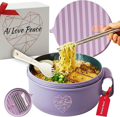 Miniatura 17 de AI LOVE PEACE Tazón para ramen, 40 onzas, para cocinar fideos en microondas para ramen, Pho, sopa y pasta, apto para lavavajillas y portátil, ideal